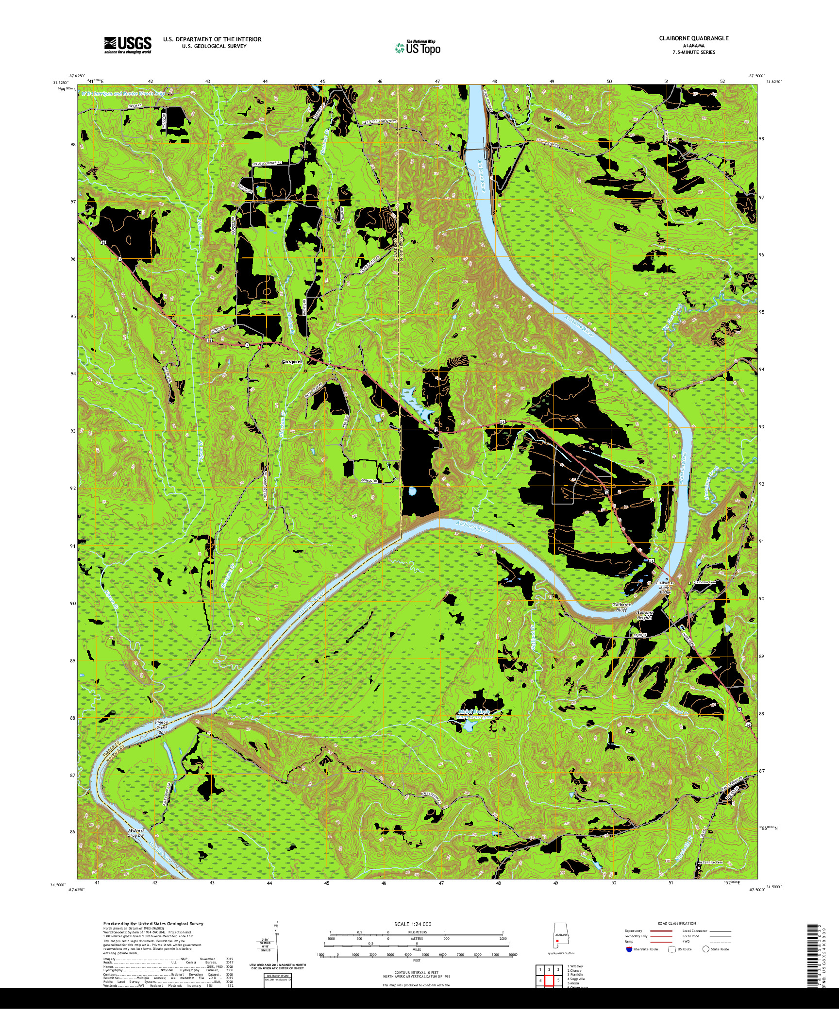 USGS US TOPO 7.5-MINUTE MAP FOR CLAIBORNE, AL 2020