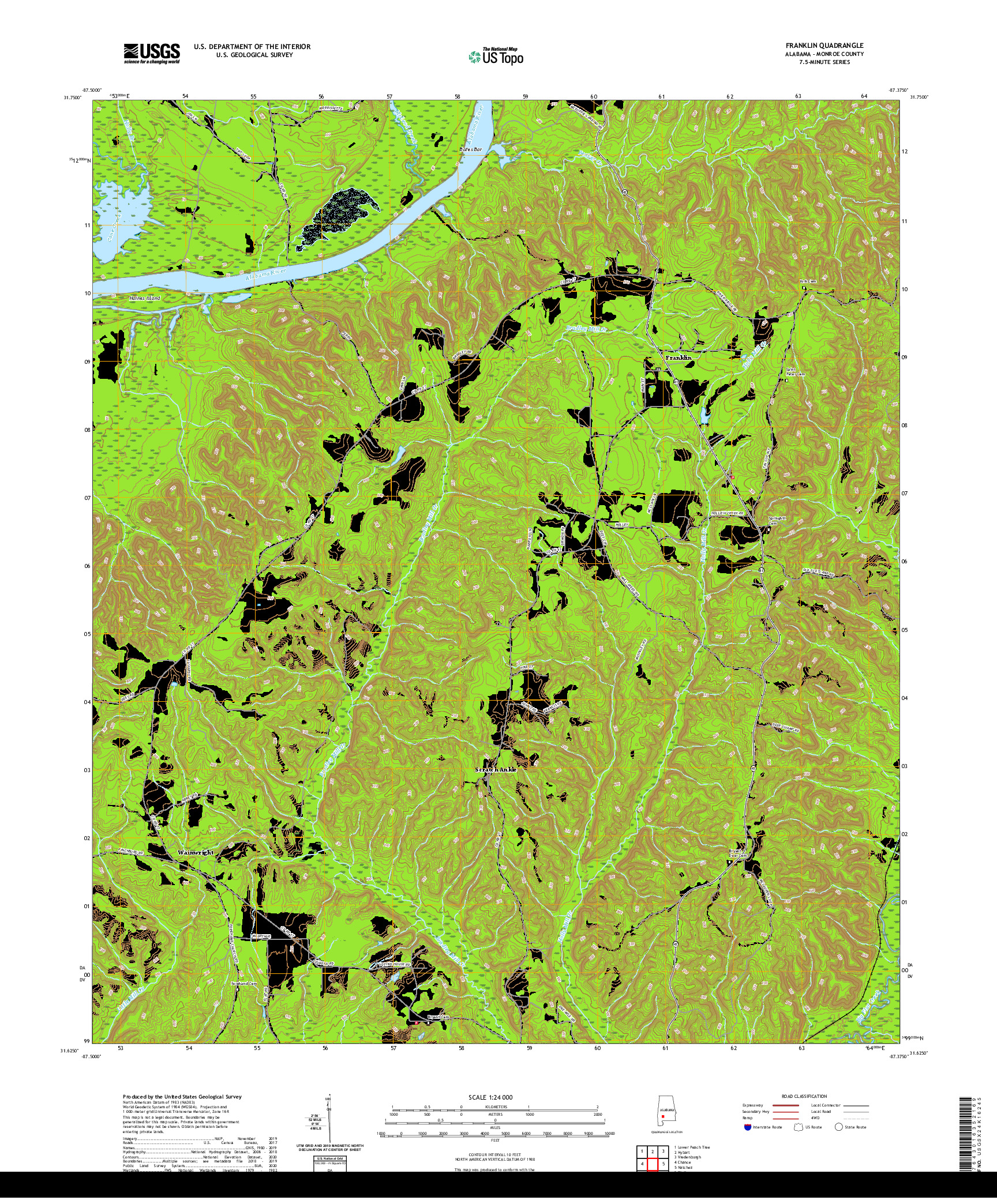 USGS US TOPO 7.5-MINUTE MAP FOR FRANKLIN, AL 2020