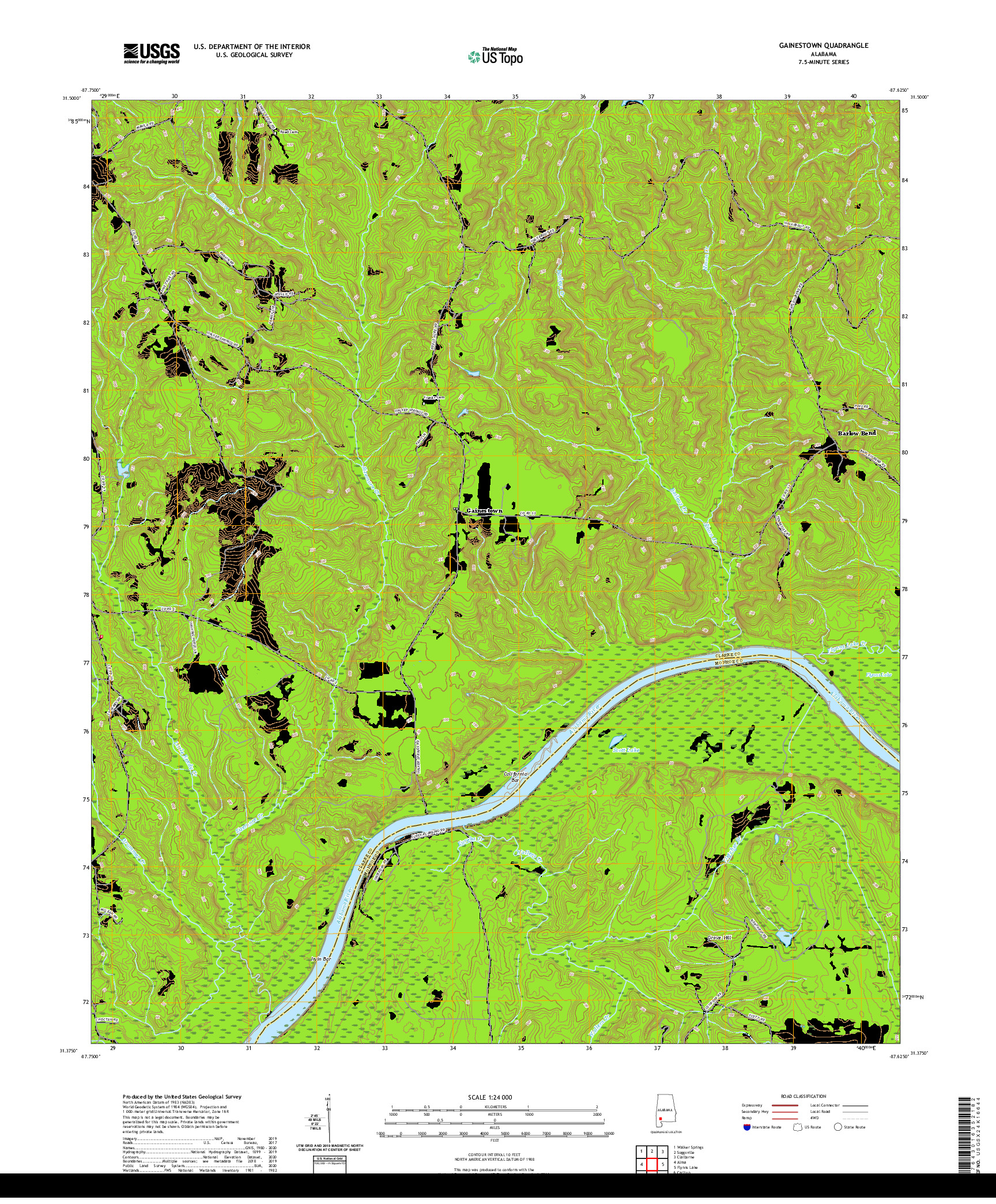 USGS US TOPO 7.5-MINUTE MAP FOR GAINESTOWN, AL 2020