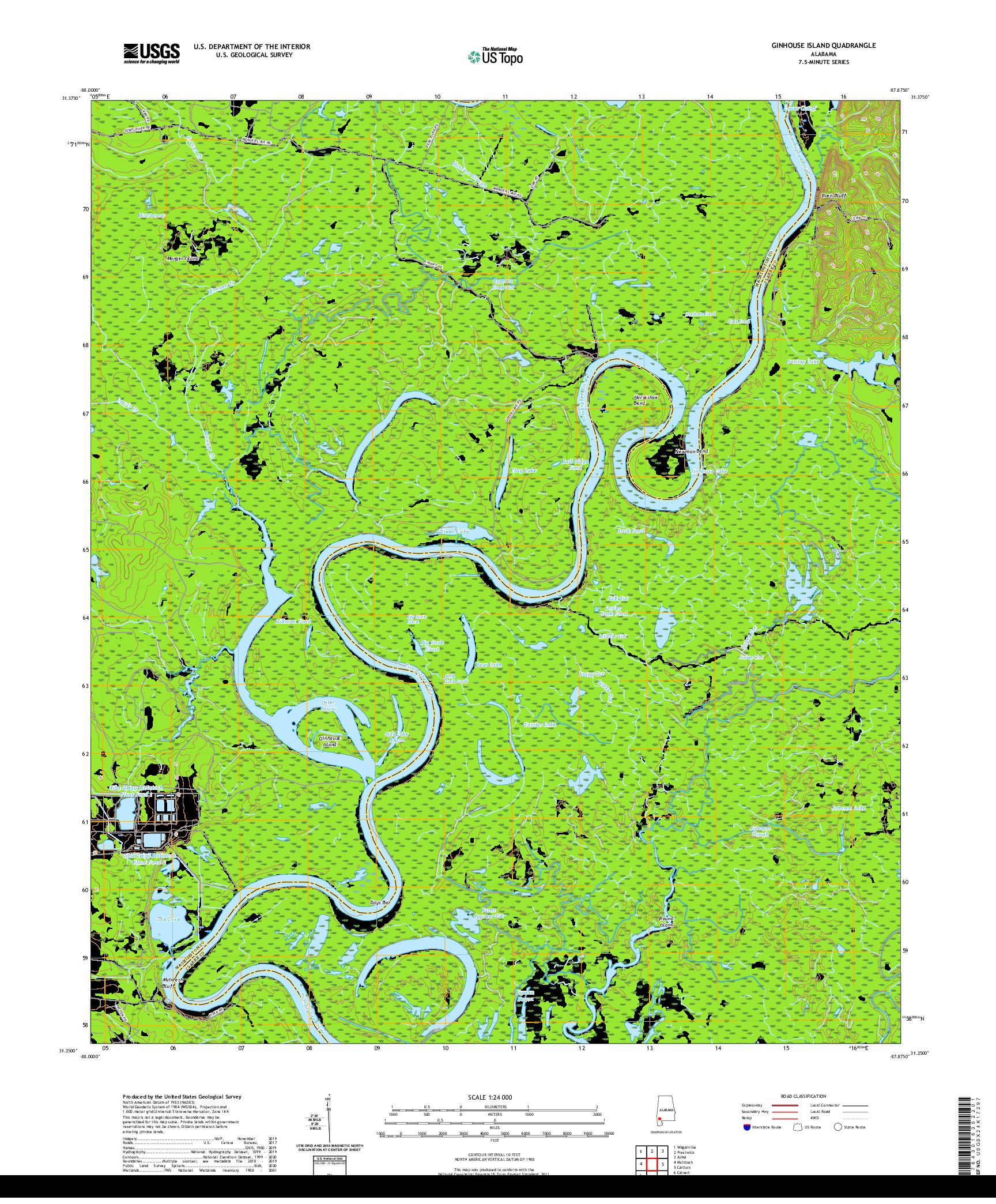 USGS US TOPO 7.5-MINUTE MAP FOR GINHOUSE ISLAND, AL 2020