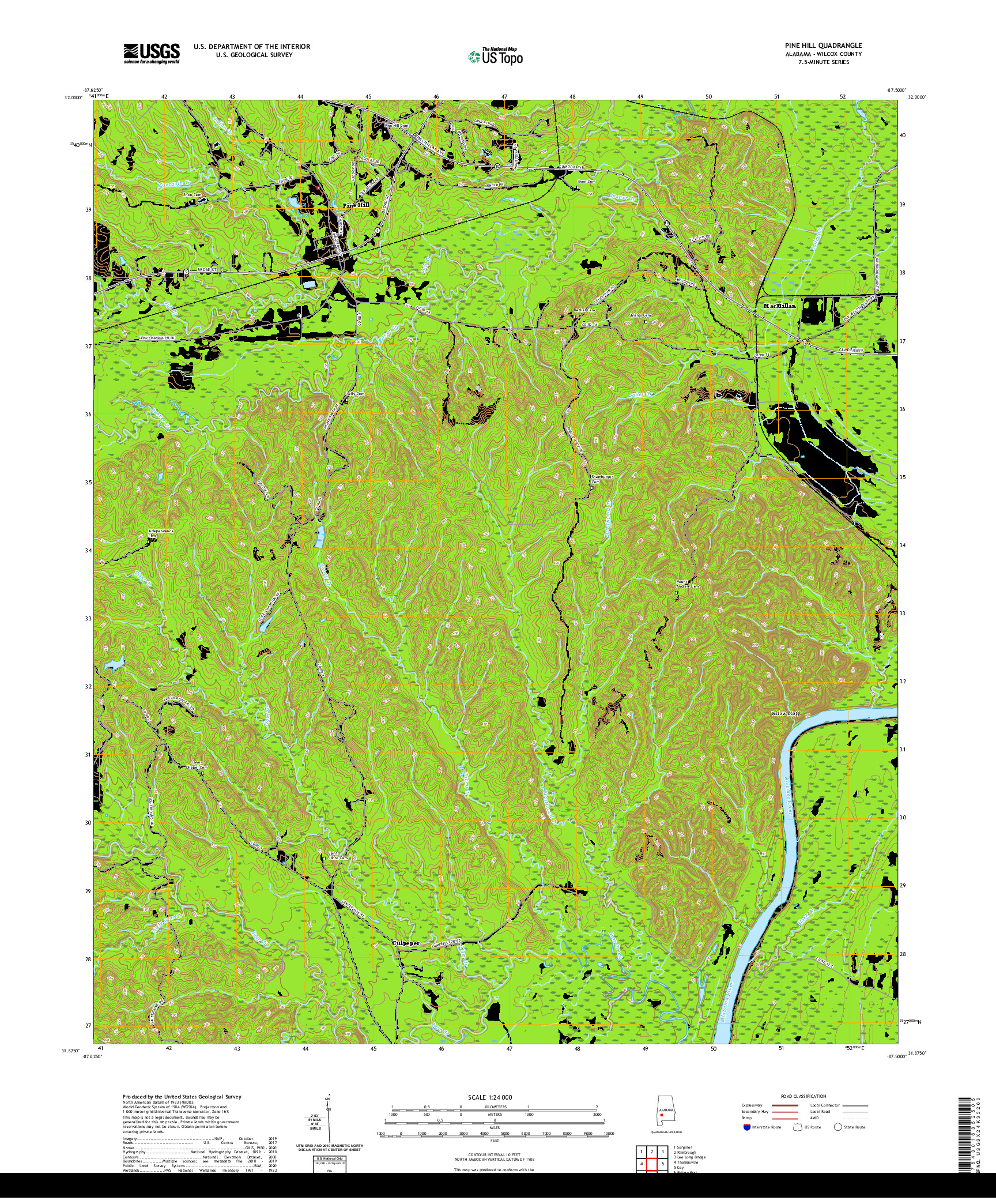 USGS US TOPO 7.5-MINUTE MAP FOR PINE HILL, AL 2020
