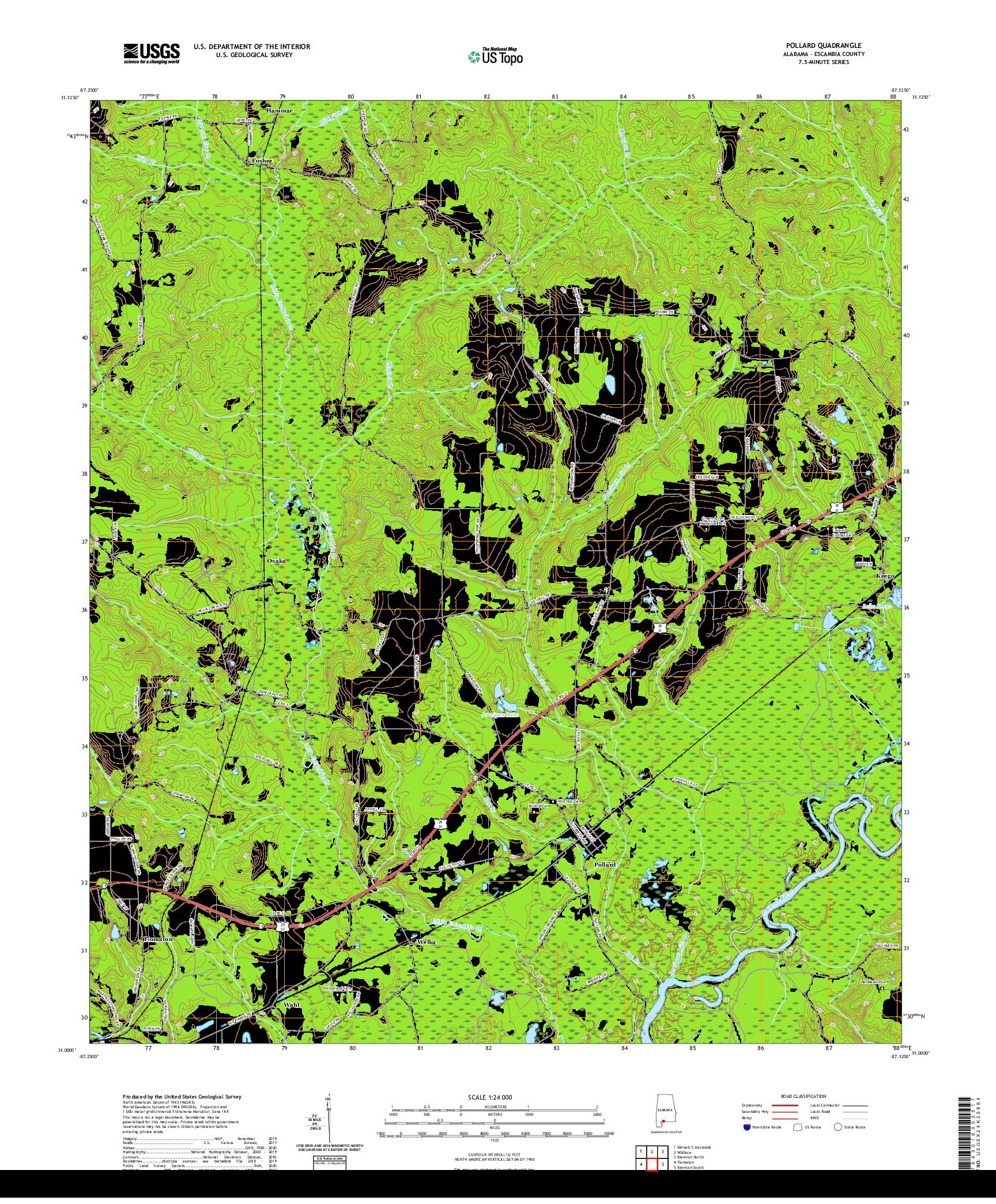 USGS US TOPO 7.5-MINUTE MAP FOR POLLARD, AL 2020