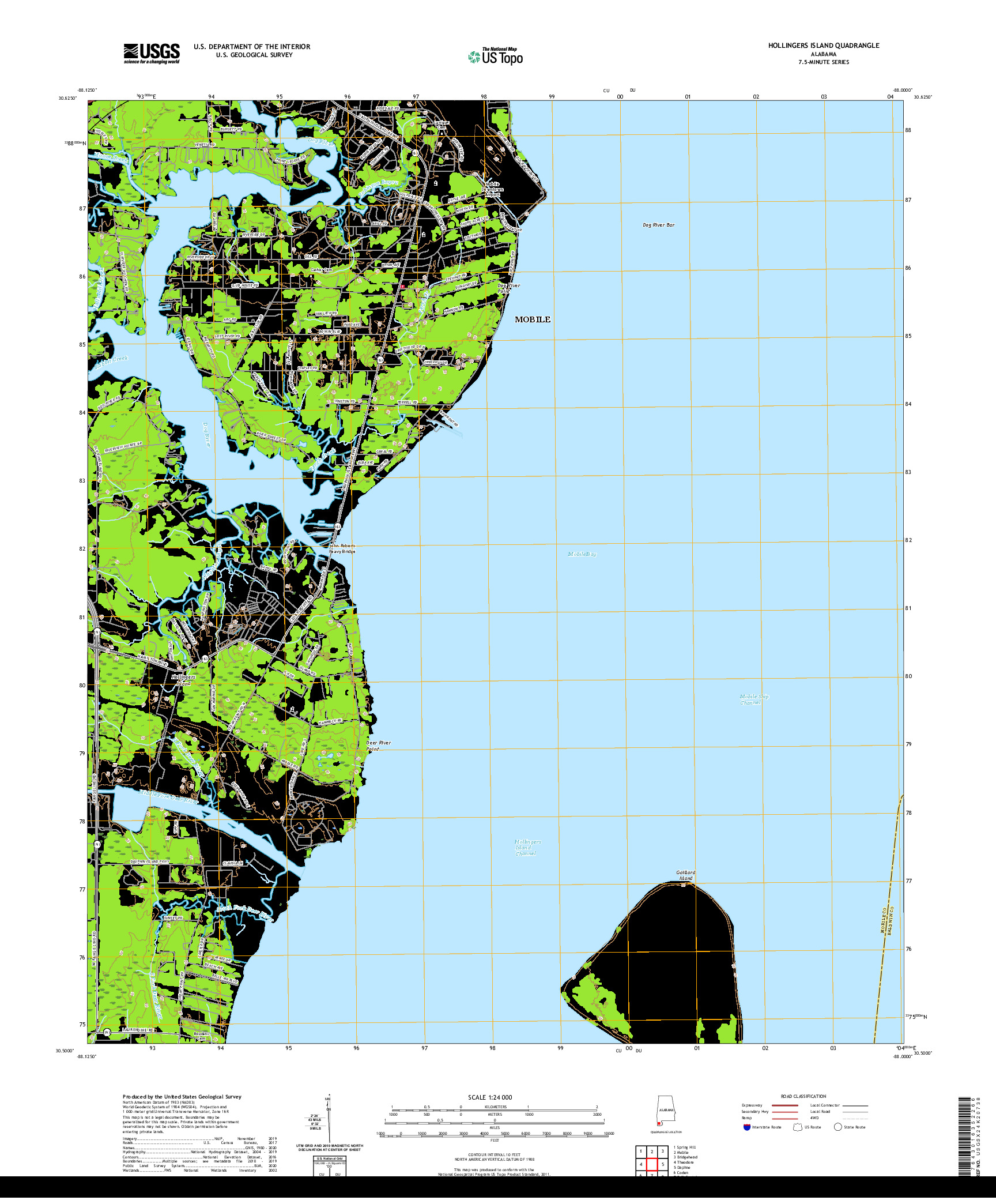 USGS US TOPO 7.5-MINUTE MAP FOR HOLLINGERS ISLAND, AL 2020