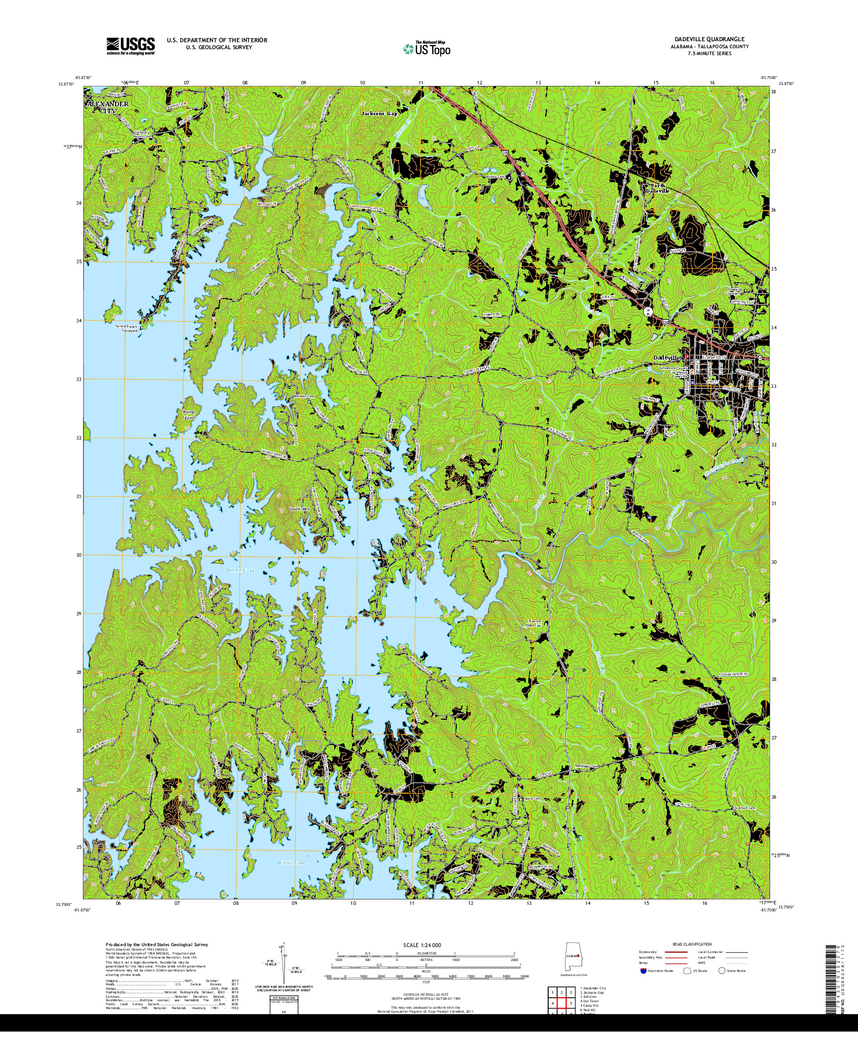 USGS US TOPO 7.5-MINUTE MAP FOR DADEVILLE, AL 2020