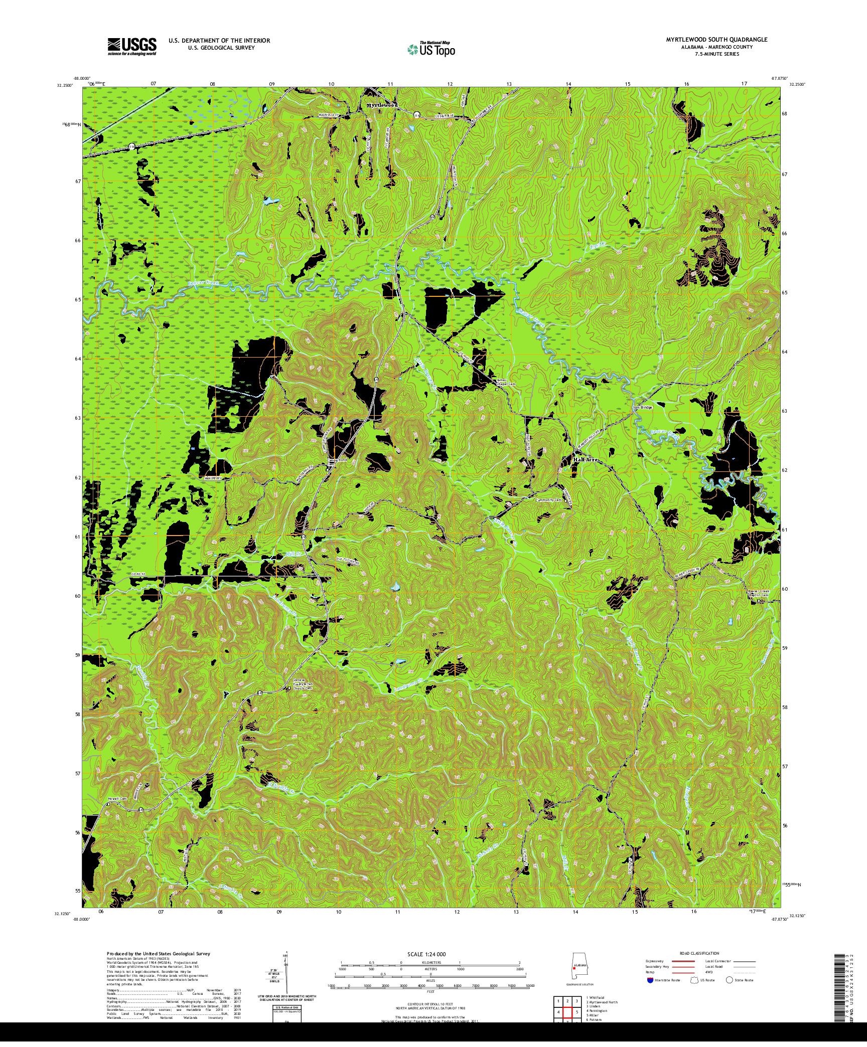 USGS US TOPO 7.5-MINUTE MAP FOR MYRTLEWOOD SOUTH, AL 2020