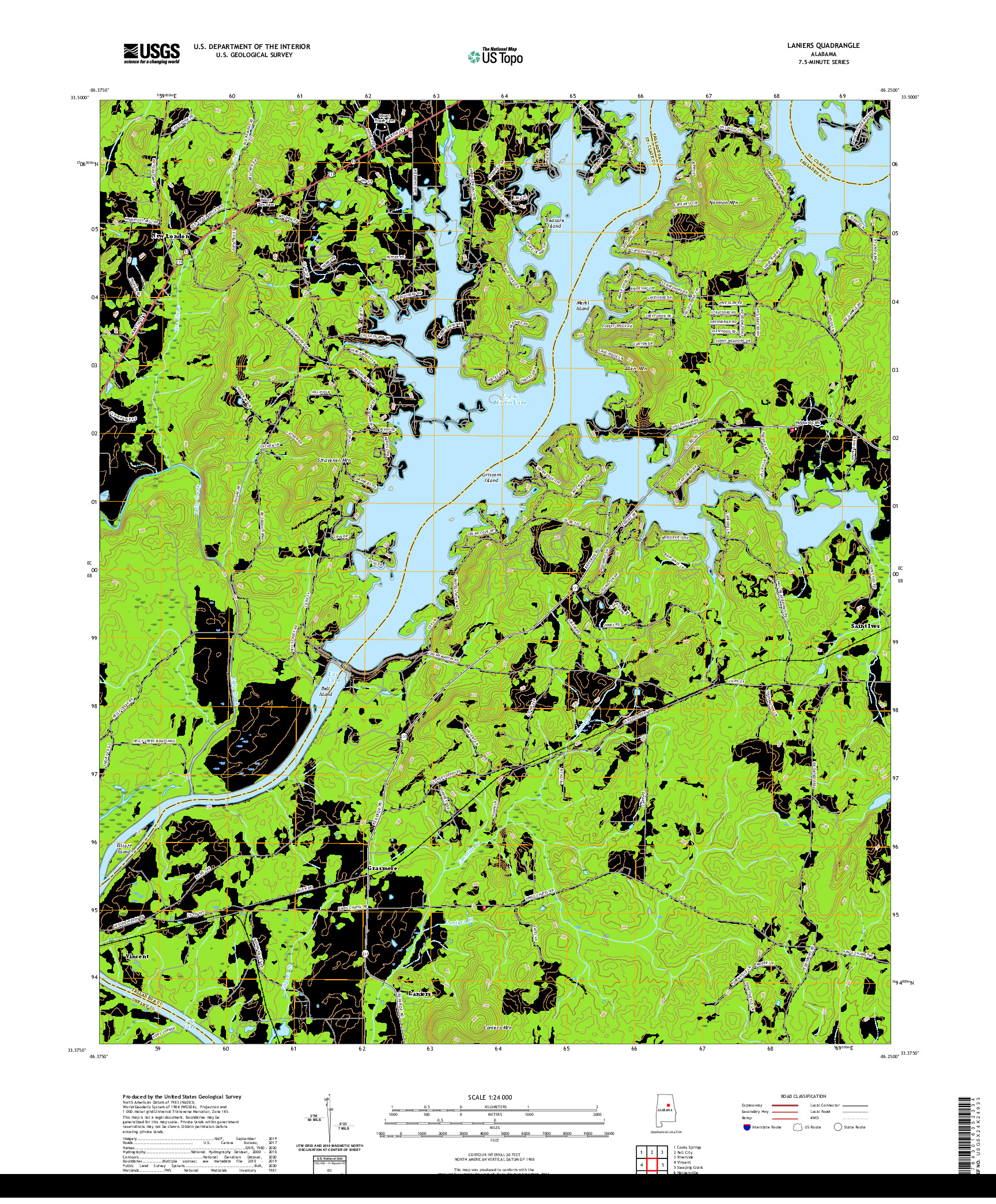 USGS US TOPO 7.5-MINUTE MAP FOR LANIERS, AL 2020