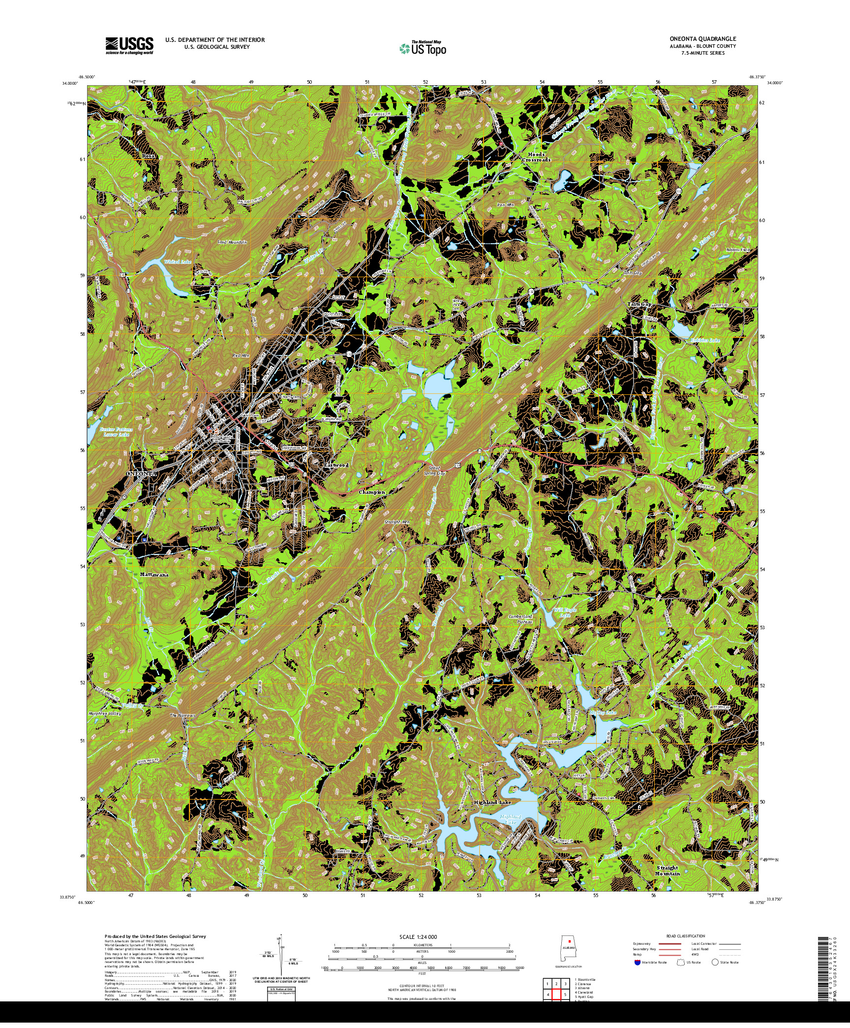 USGS US TOPO 7.5-MINUTE MAP FOR ONEONTA, AL 2020