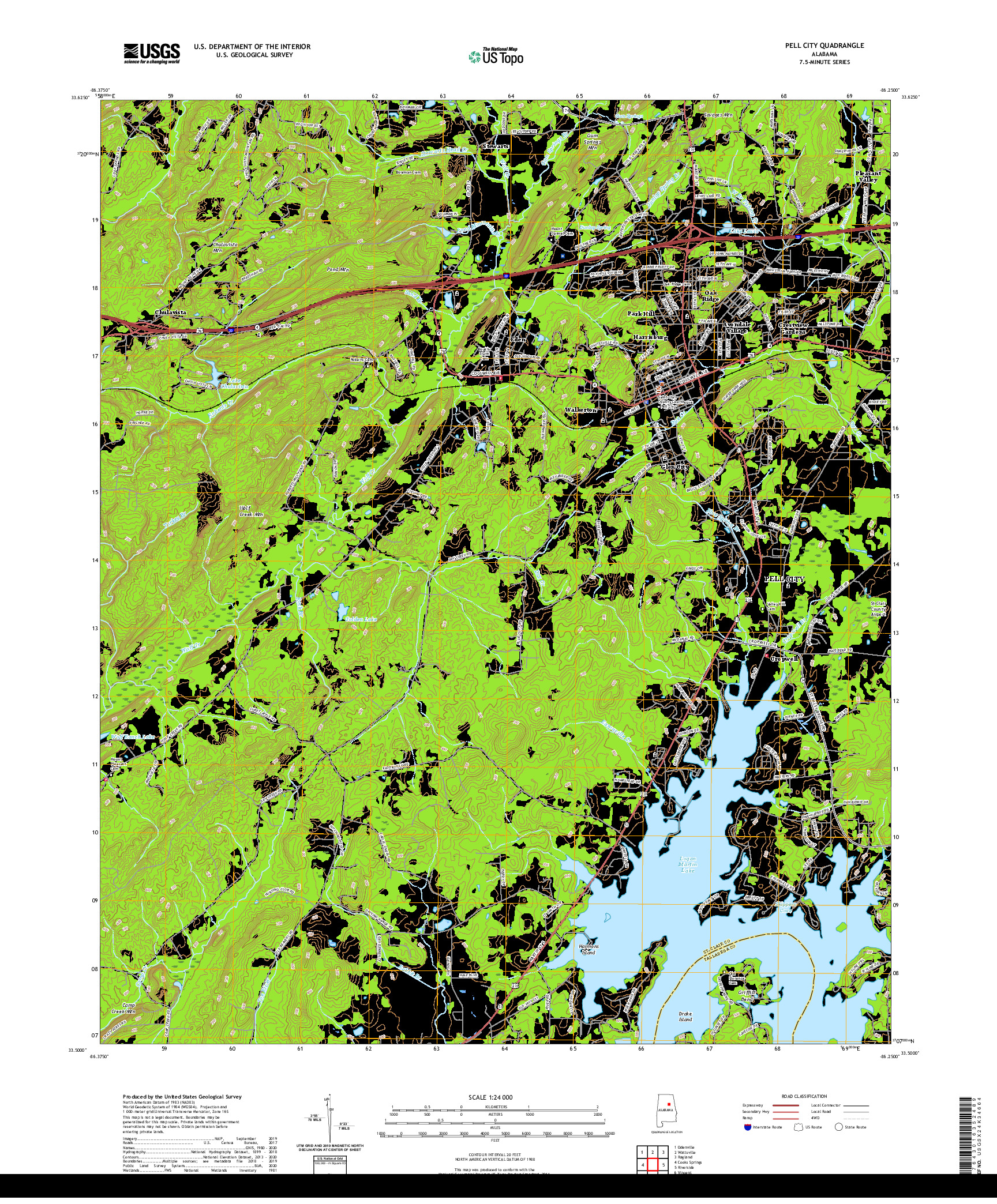 USGS US TOPO 7.5-MINUTE MAP FOR PELL CITY, AL 2020