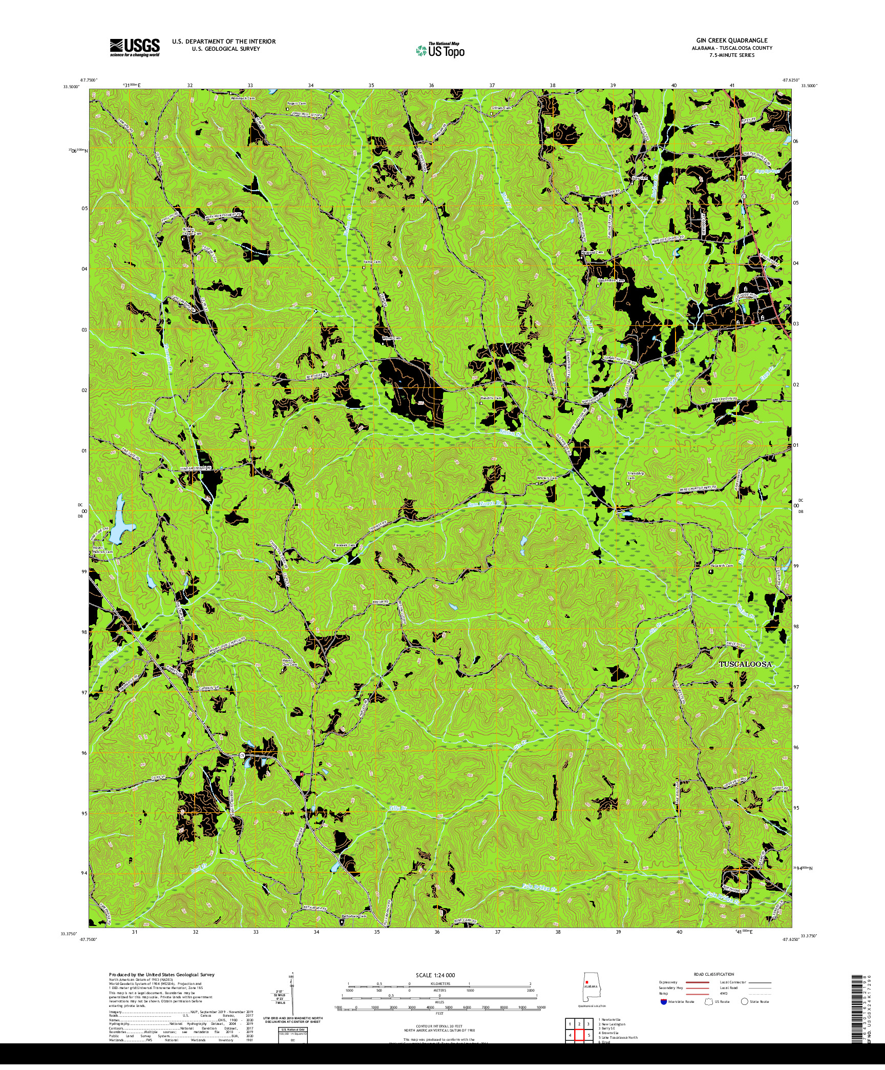 USGS US TOPO 7.5-MINUTE MAP FOR GIN CREEK, AL 2020