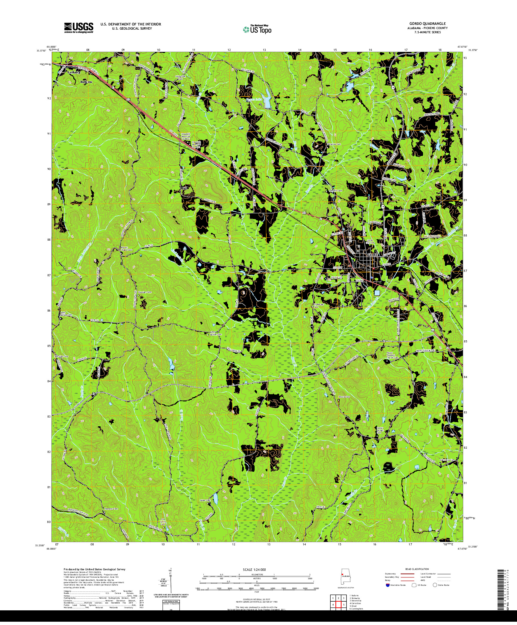 USGS US TOPO 7.5-MINUTE MAP FOR GORDO, AL 2020
