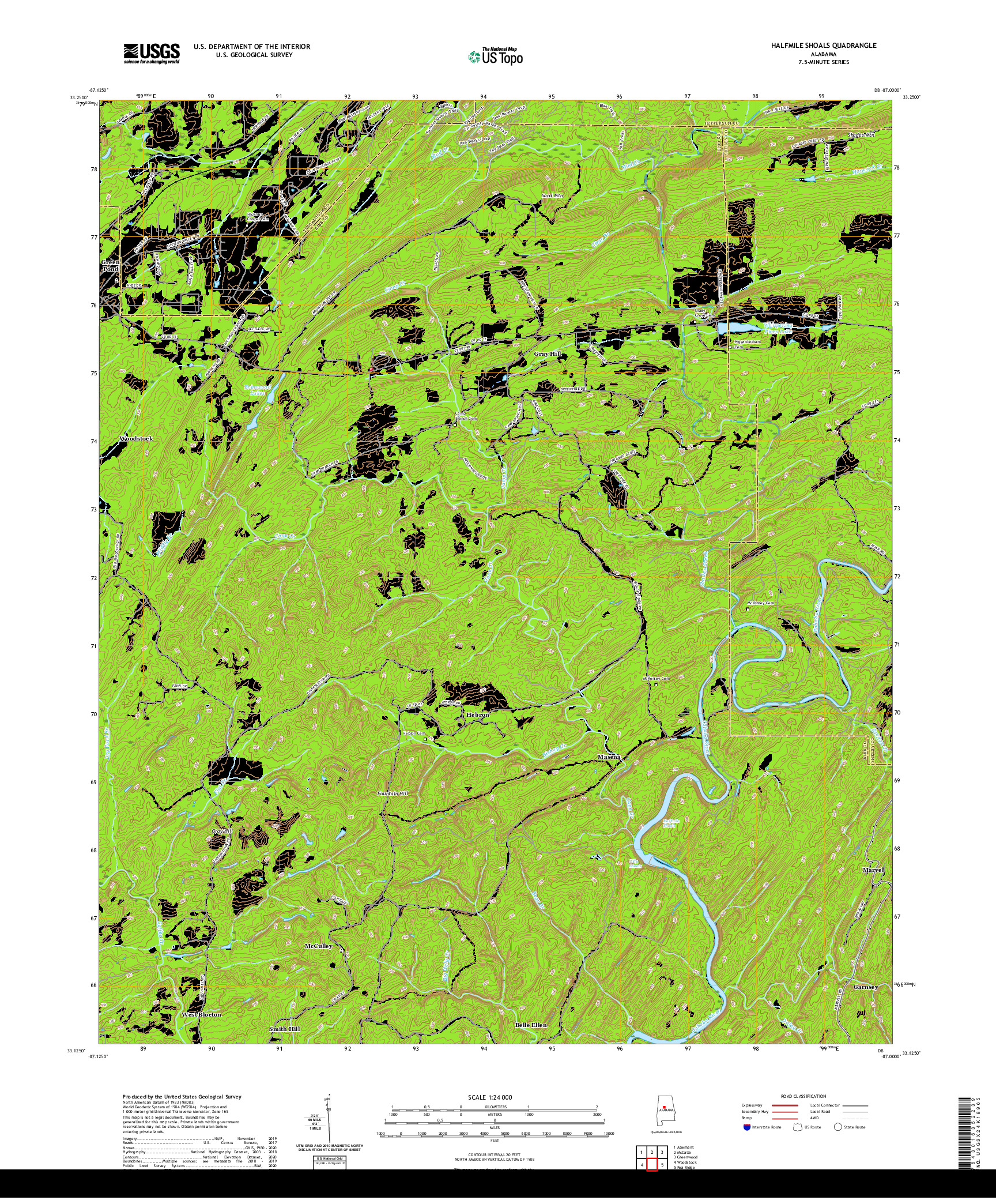 USGS US TOPO 7.5-MINUTE MAP FOR HALFMILE SHOALS, AL 2020