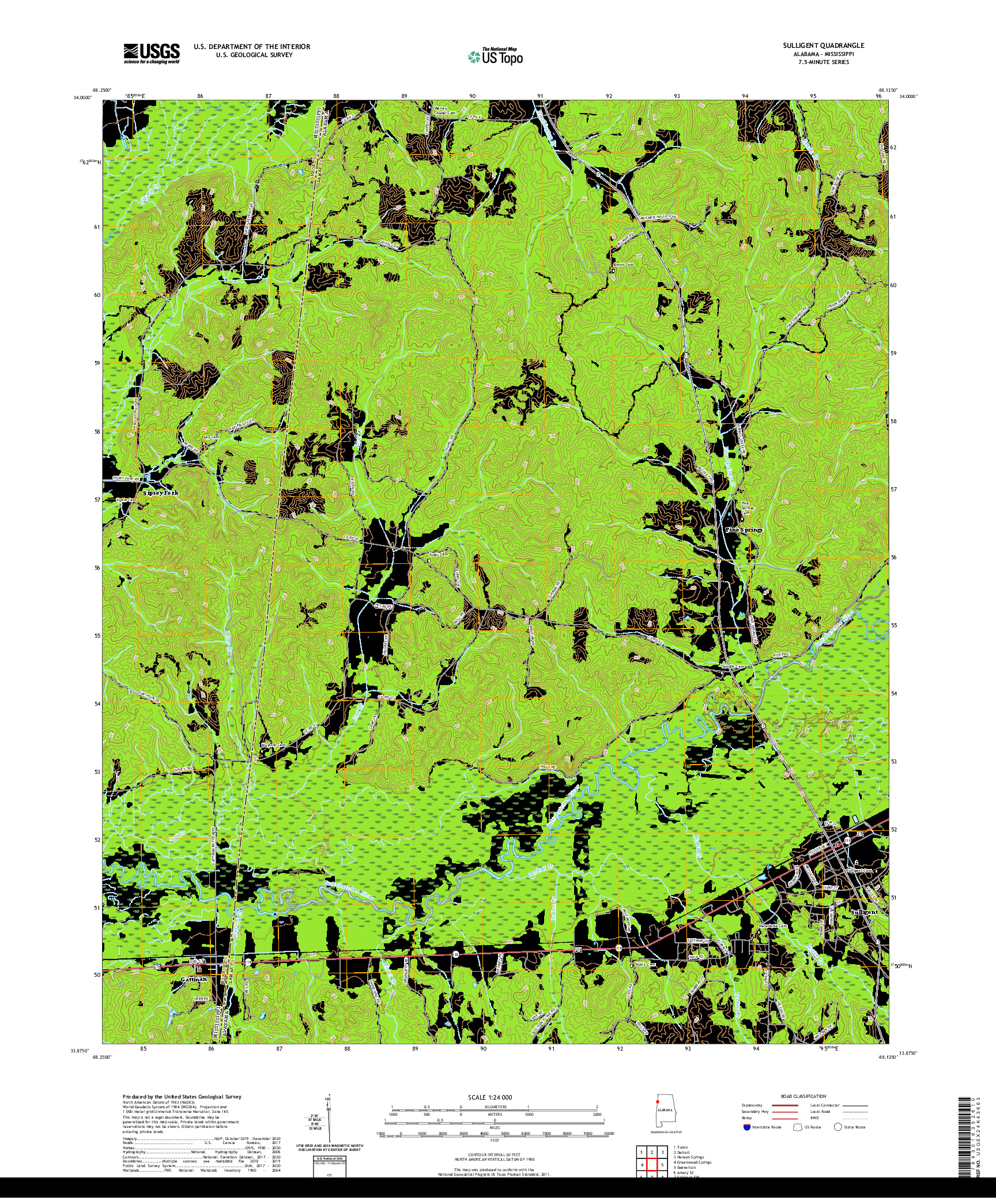 USGS US TOPO 7.5-MINUTE MAP FOR SULLIGENT, AL,MS 2020