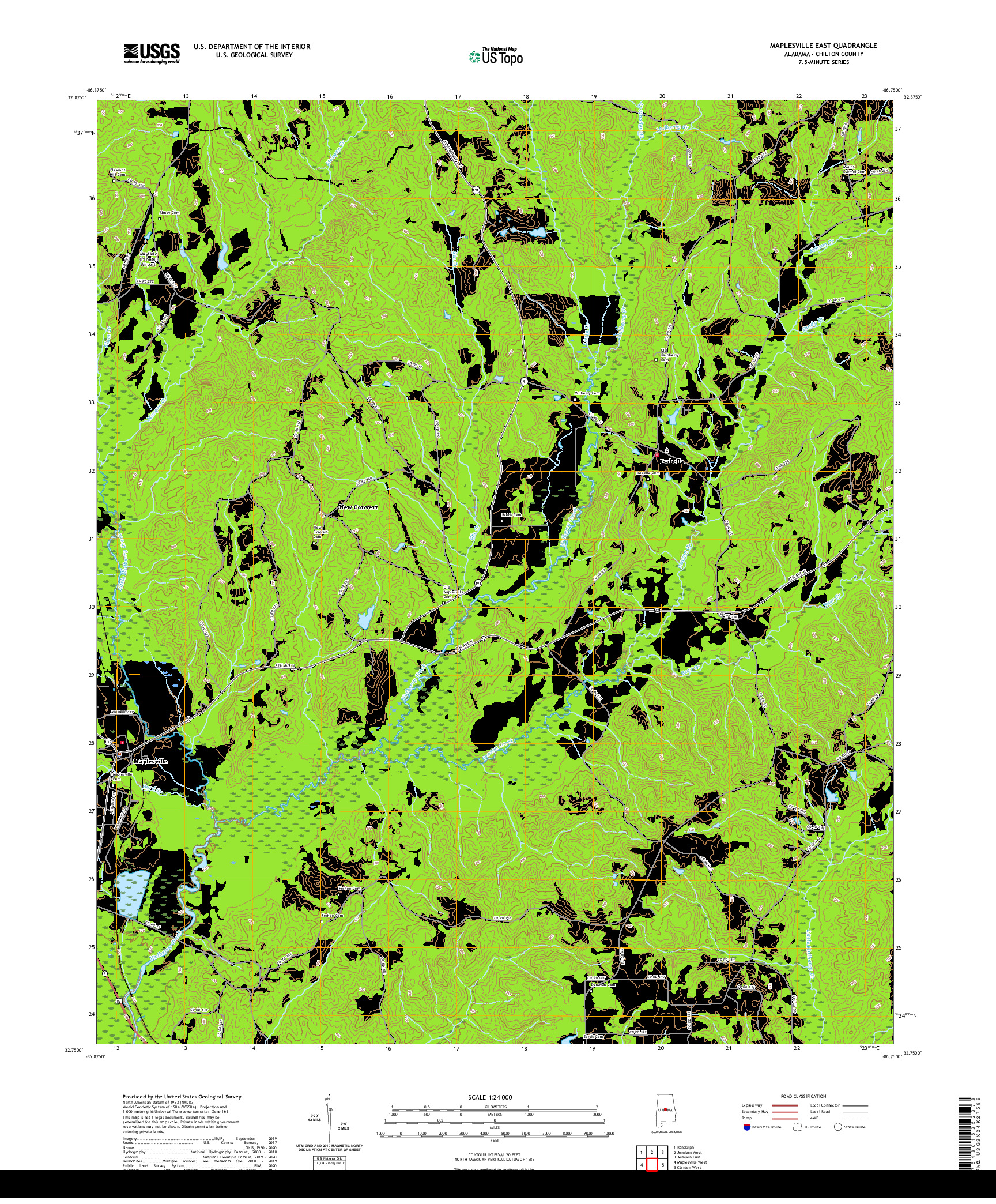 USGS US TOPO 7.5-MINUTE MAP FOR MAPLESVILLE EAST, AL 2020