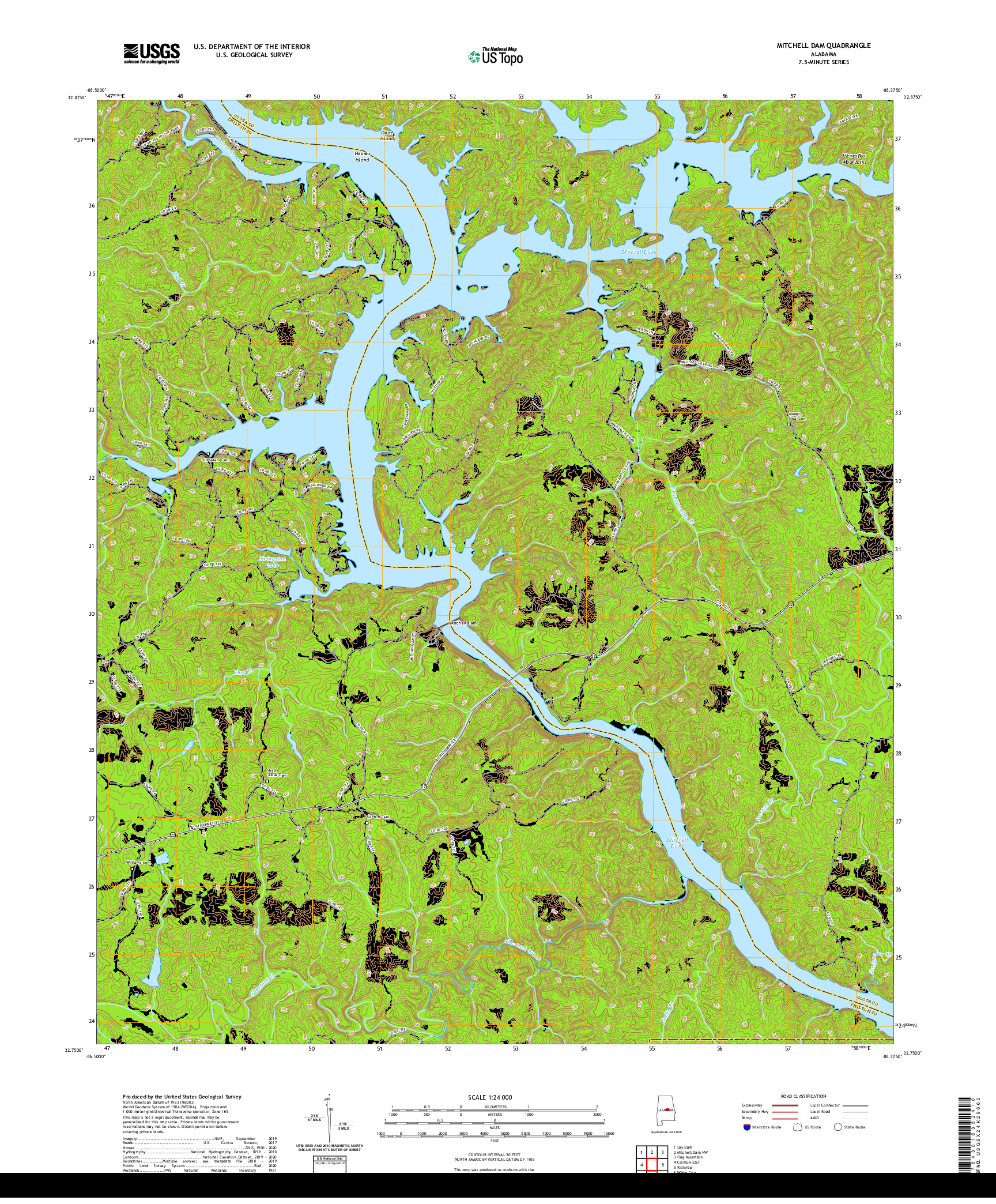 USGS US TOPO 7.5-MINUTE MAP FOR MITCHELL DAM, AL 2020