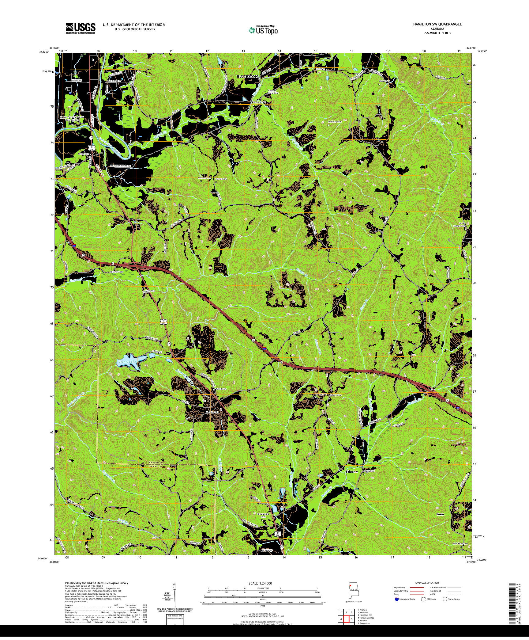 USGS US TOPO 7.5-MINUTE MAP FOR HAMILTON SW, AL 2020