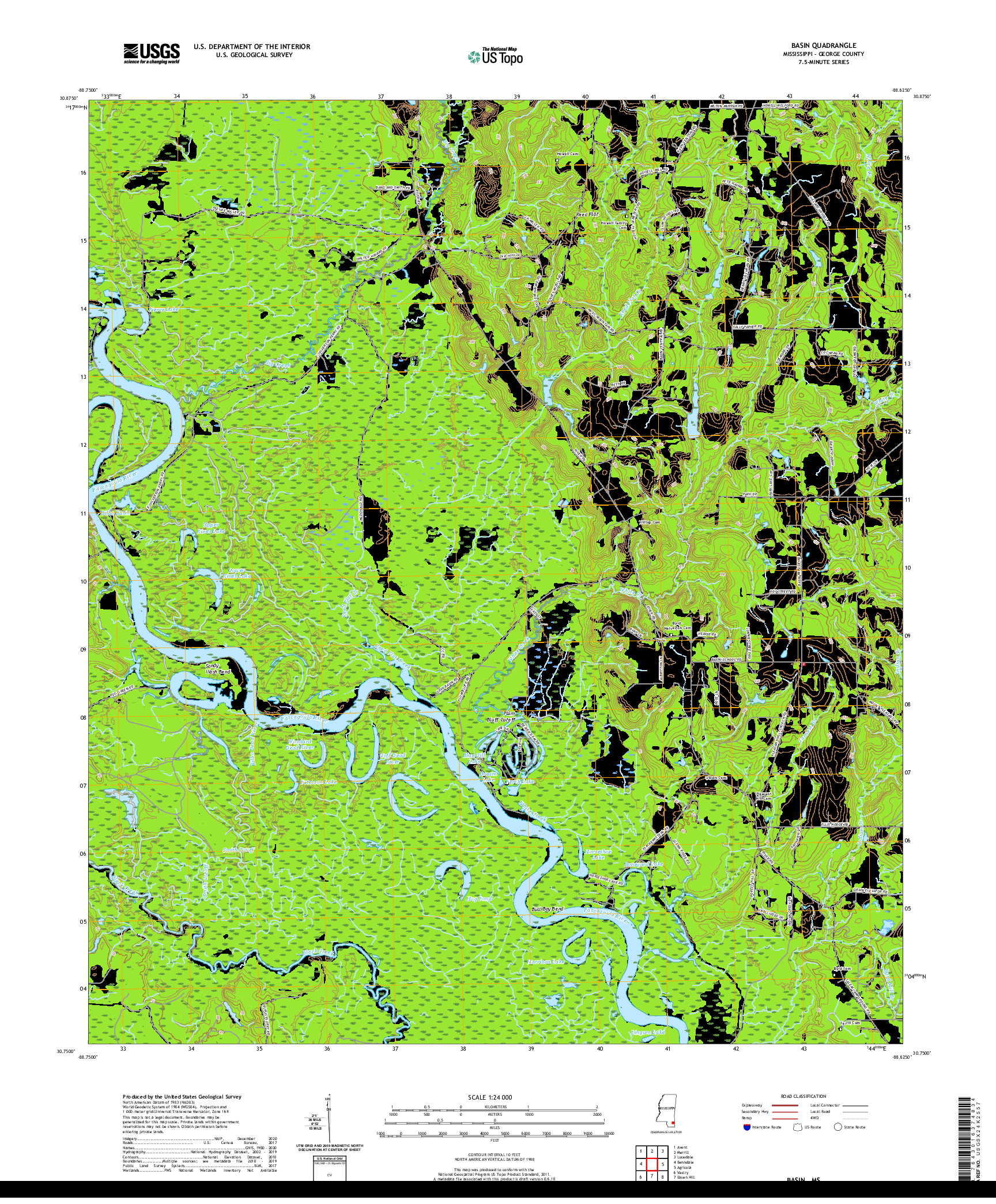 USGS US TOPO 7.5-MINUTE MAP FOR BASIN, MS 2020