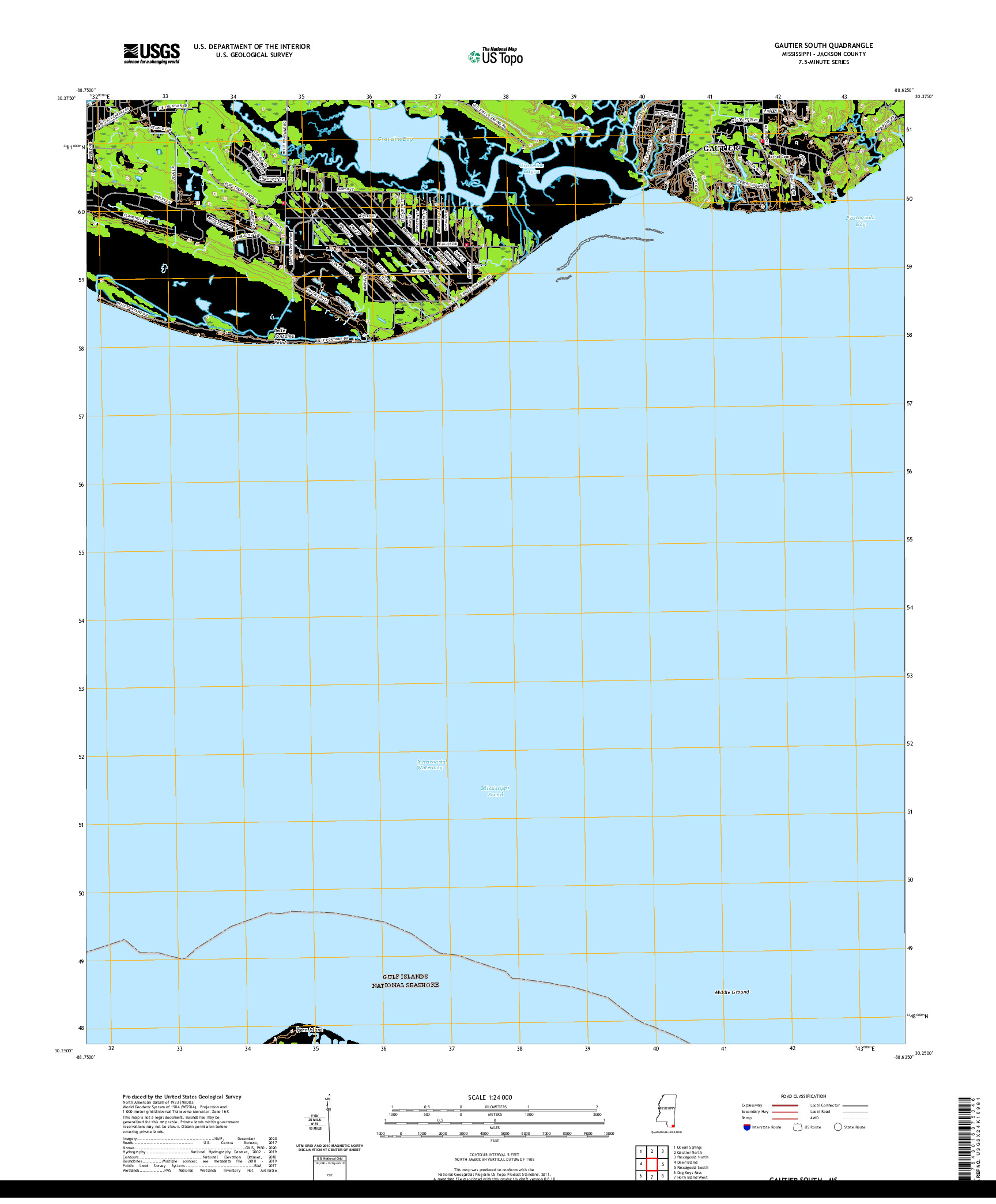 USGS US TOPO 7.5-MINUTE MAP FOR GAUTIER SOUTH, MS 2020