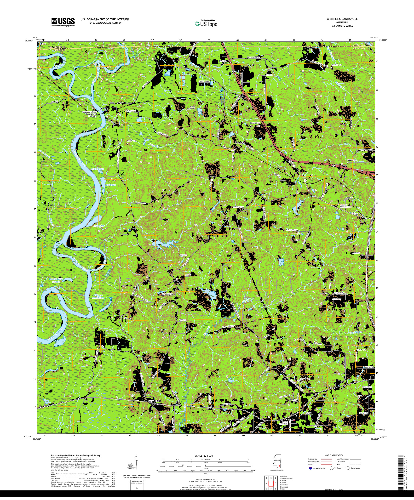 USGS US TOPO 7.5-MINUTE MAP FOR MERRILL, MS 2020