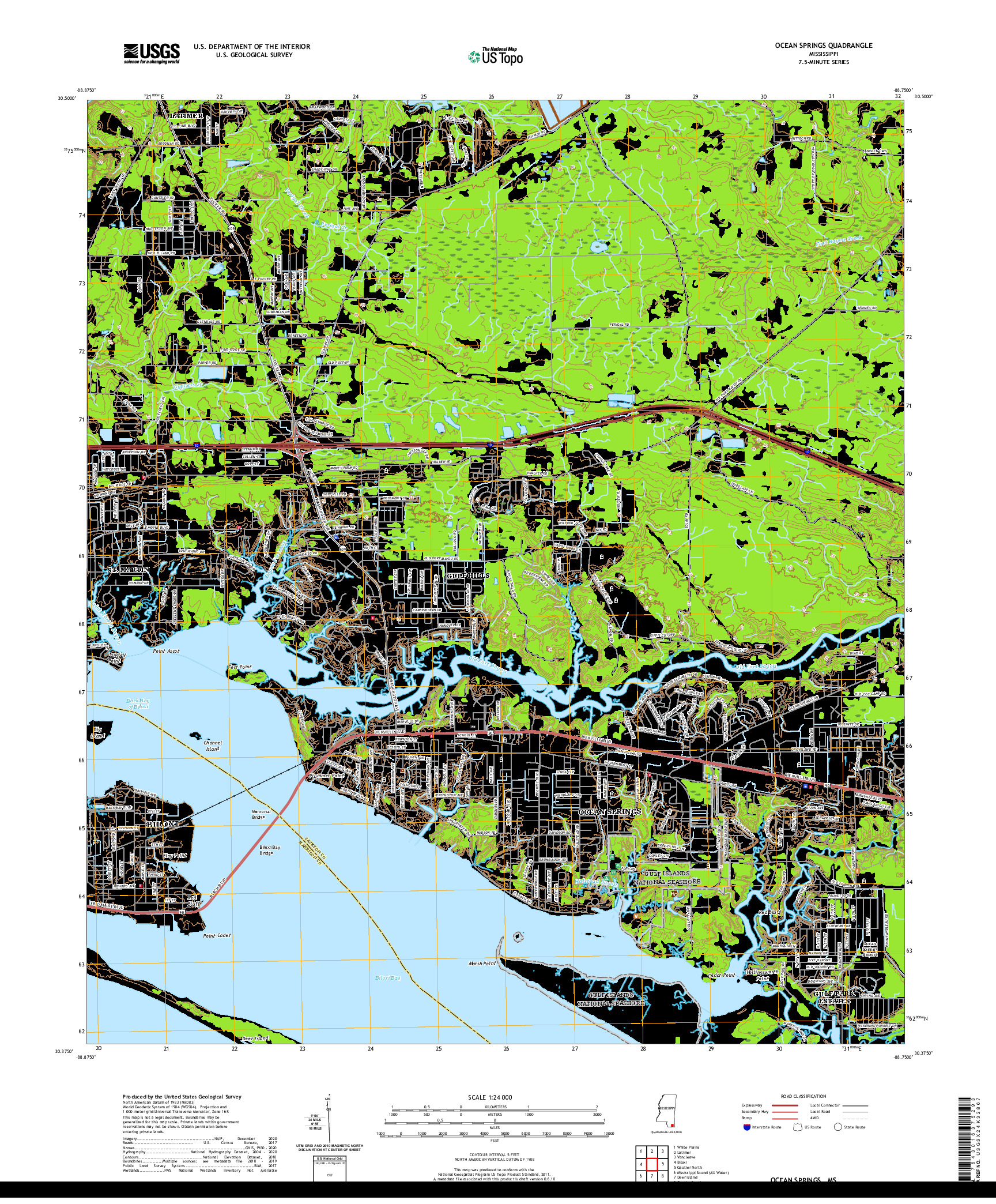 USGS US TOPO 7.5-MINUTE MAP FOR OCEAN SPRINGS, MS 2020