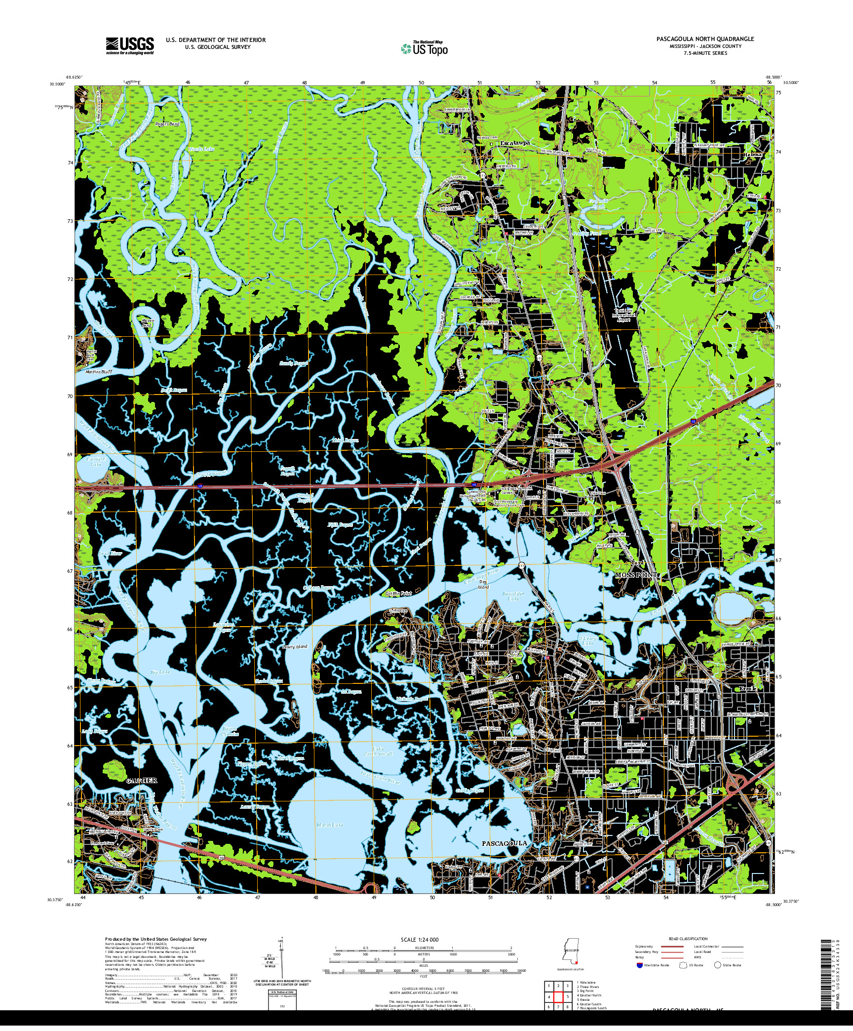 USGS US TOPO 7.5-MINUTE MAP FOR PASCAGOULA NORTH, MS 2020