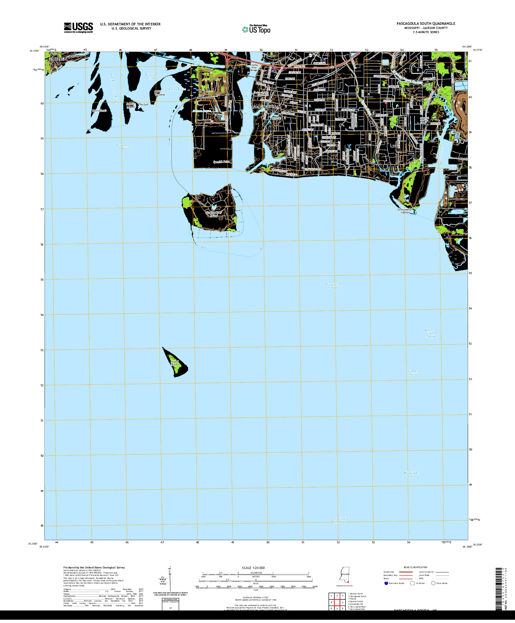 USGS US TOPO 7.5-MINUTE MAP FOR PASCAGOULA SOUTH, MS 2020