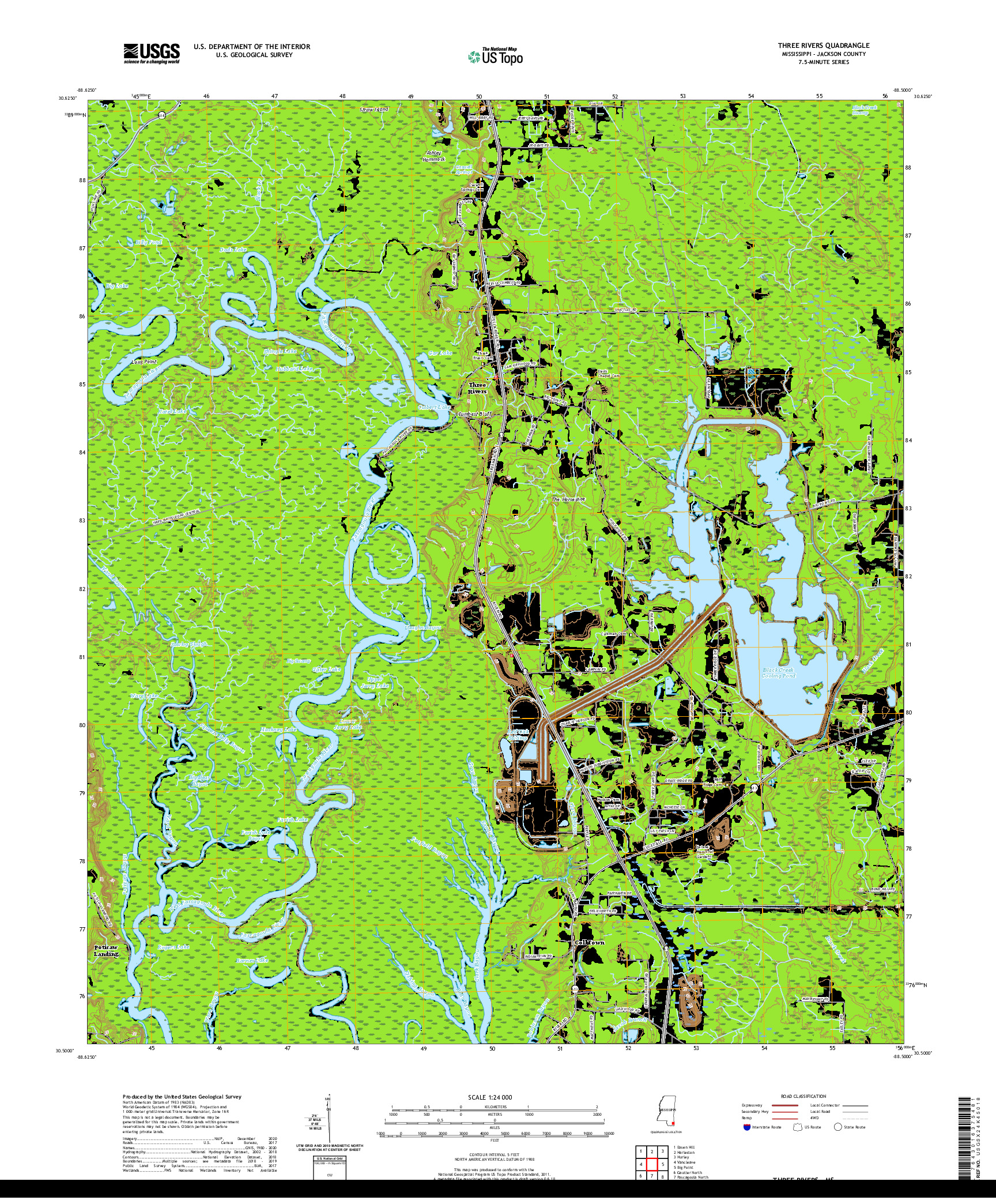 USGS US TOPO 7.5-MINUTE MAP FOR THREE RIVERS, MS 2020
