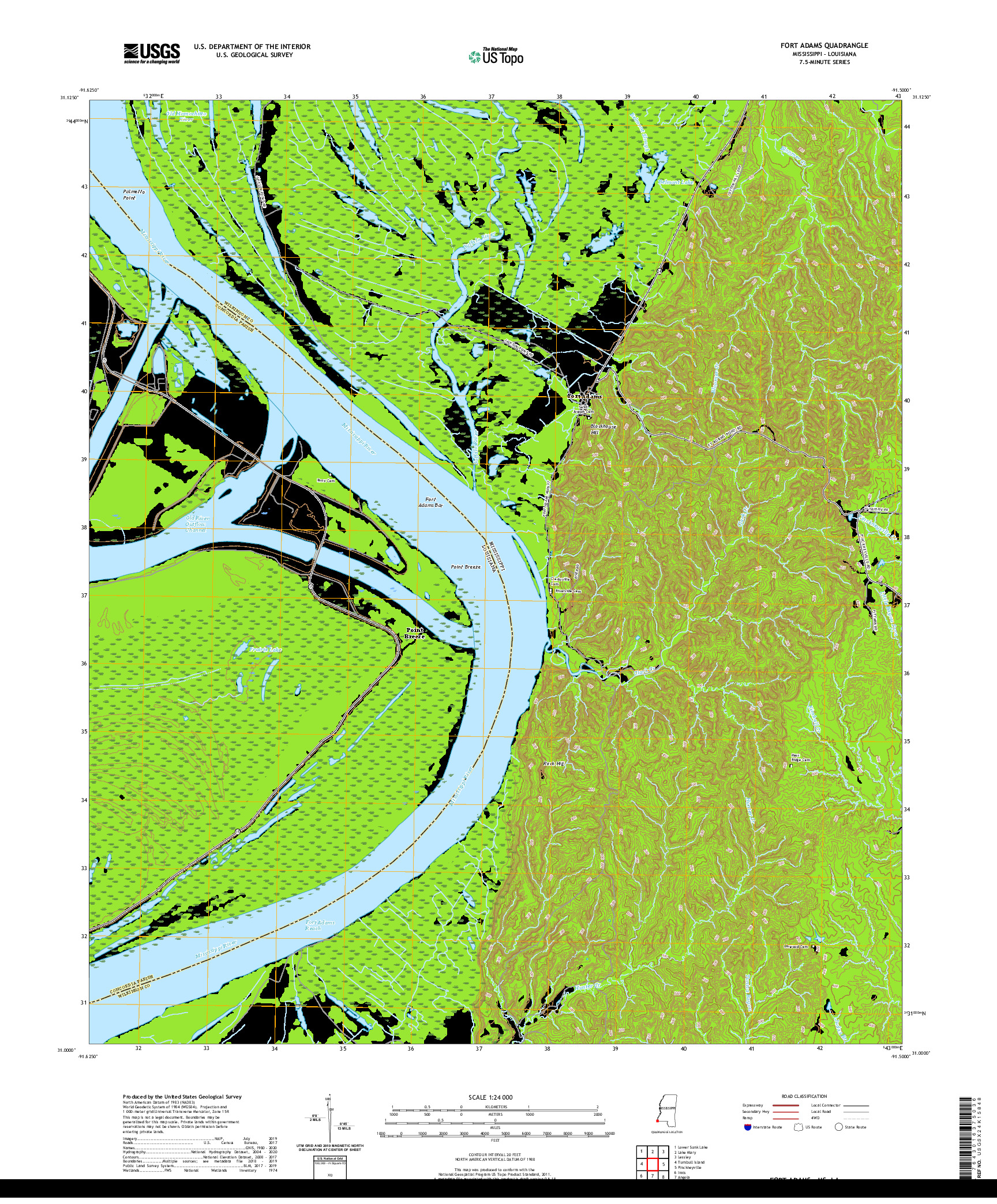 USGS US TOPO 7.5-MINUTE MAP FOR FORT ADAMS, MS,LA 2020