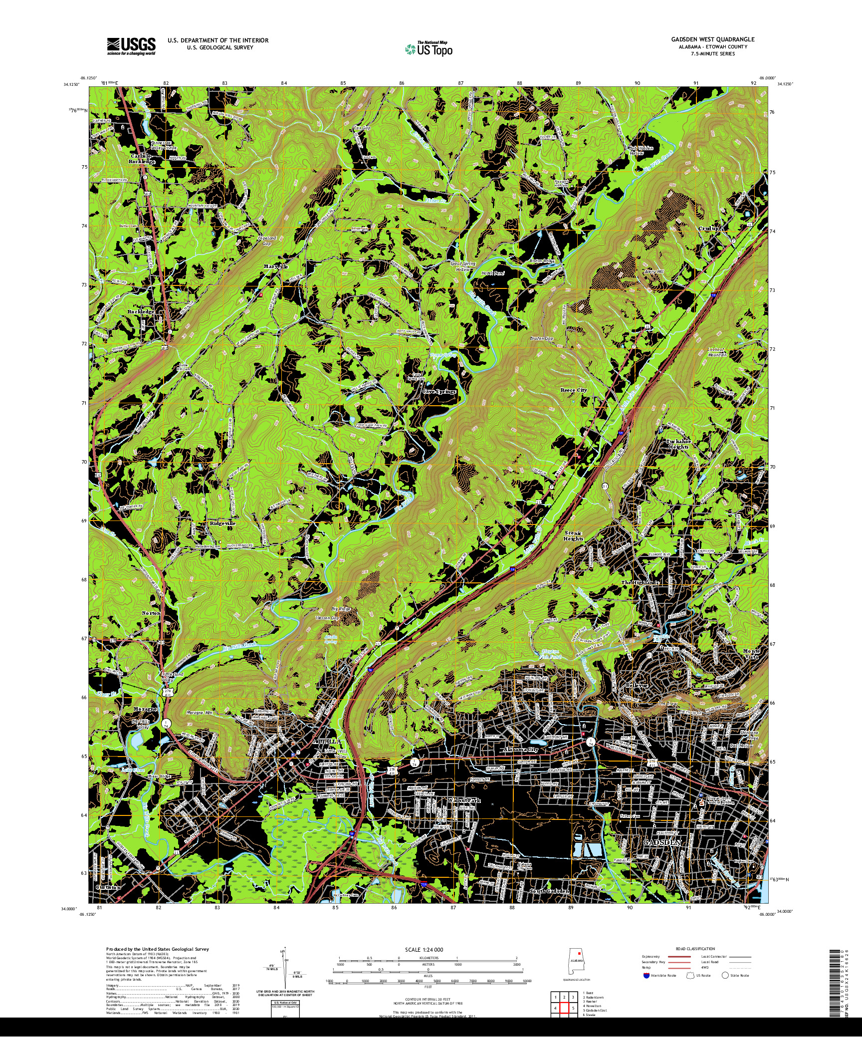 USGS US TOPO 7.5-MINUTE MAP FOR GADSDEN WEST, AL 2020