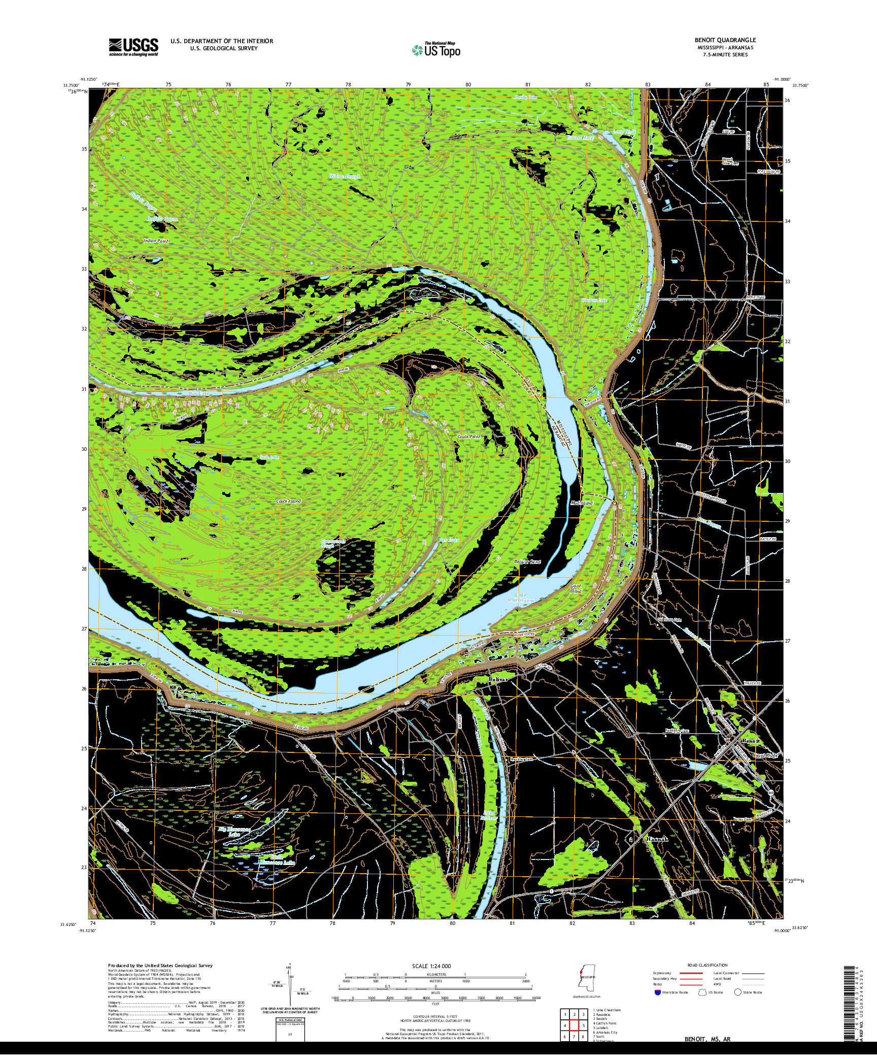 USGS US TOPO 7.5-MINUTE MAP FOR BENOIT, MS,AR 2020