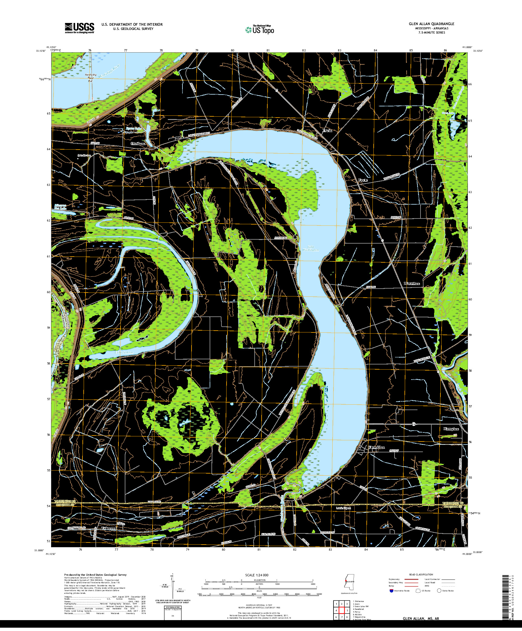 USGS US TOPO 7.5-MINUTE MAP FOR GLEN ALLAN, MS,AR 2020