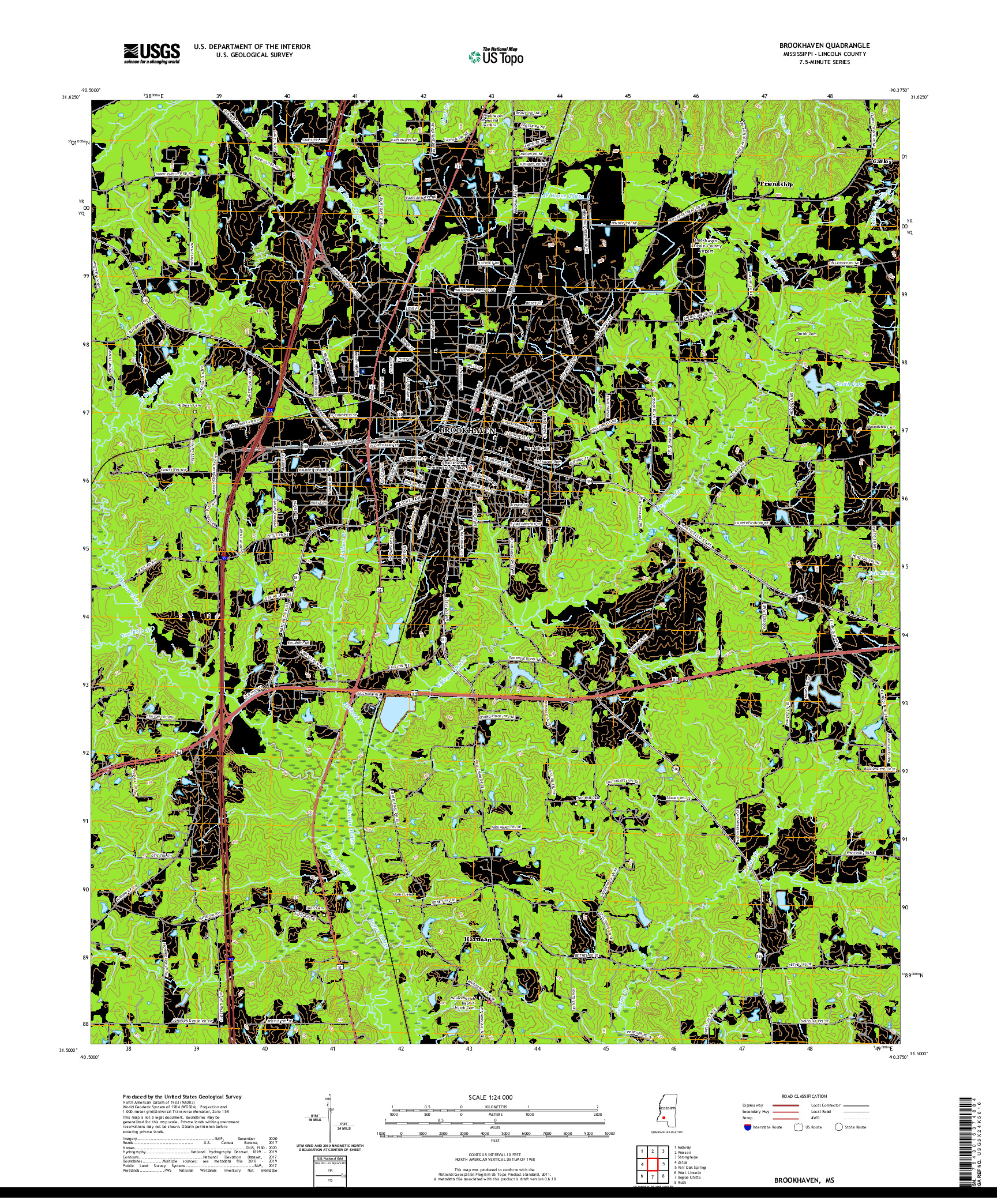 USGS US TOPO 7.5-MINUTE MAP FOR BROOKHAVEN, MS 2020