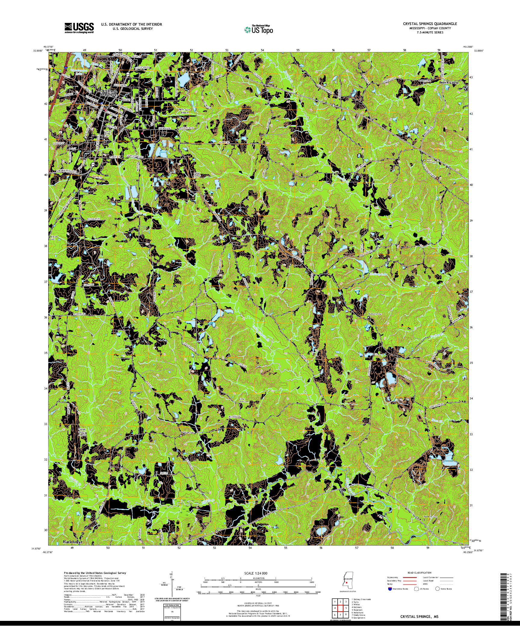 USGS US TOPO 7.5-MINUTE MAP FOR CRYSTAL SPRINGS, MS 2020