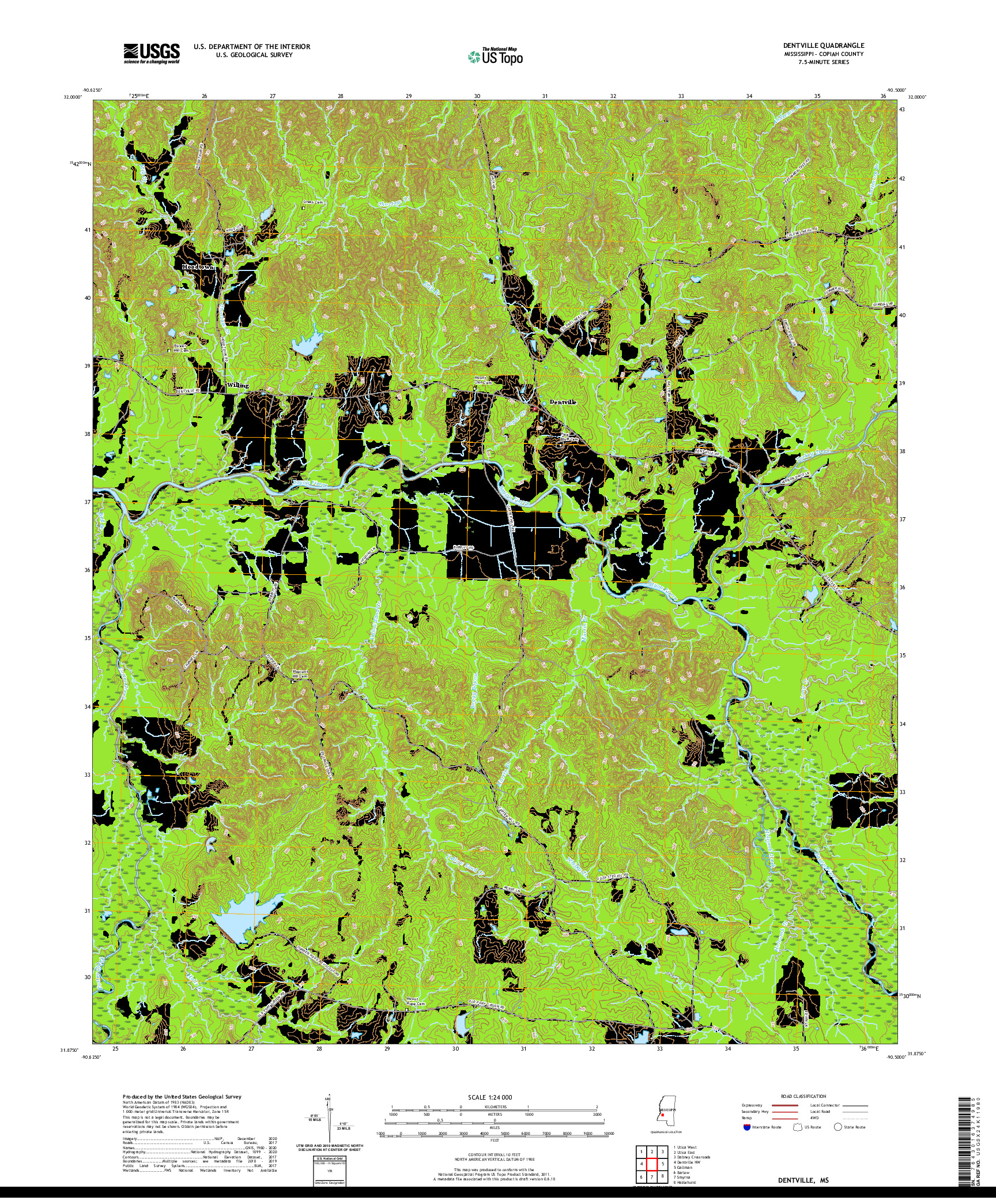 USGS US TOPO 7.5-MINUTE MAP FOR DENTVILLE, MS 2020