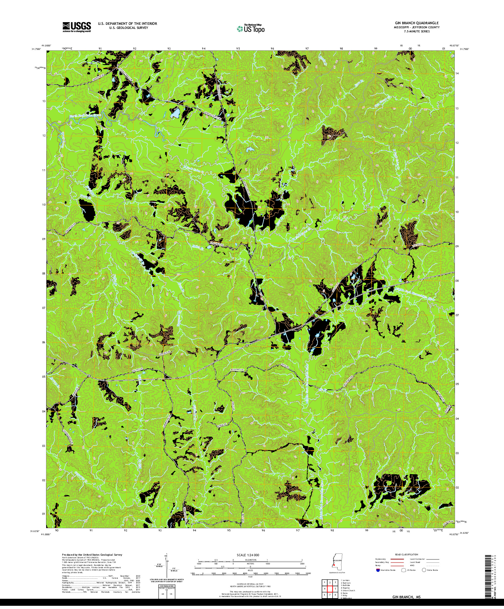 USGS US TOPO 7.5-MINUTE MAP FOR GIN BRANCH, MS 2020