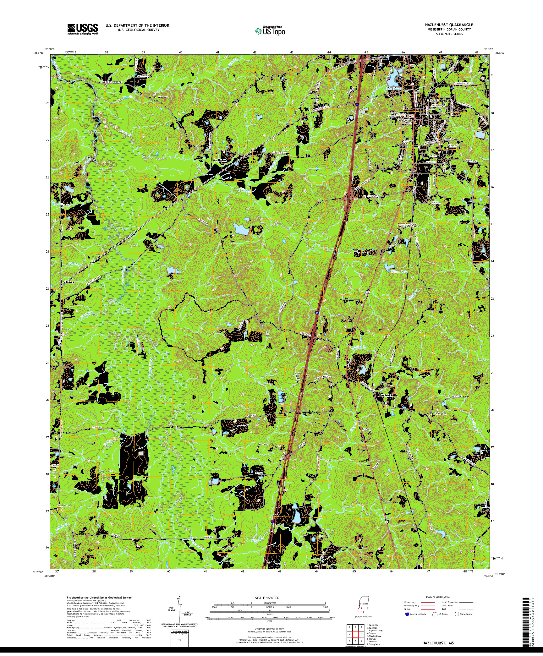 USGS US TOPO 7.5-MINUTE MAP FOR HAZLEHURST, MS 2020