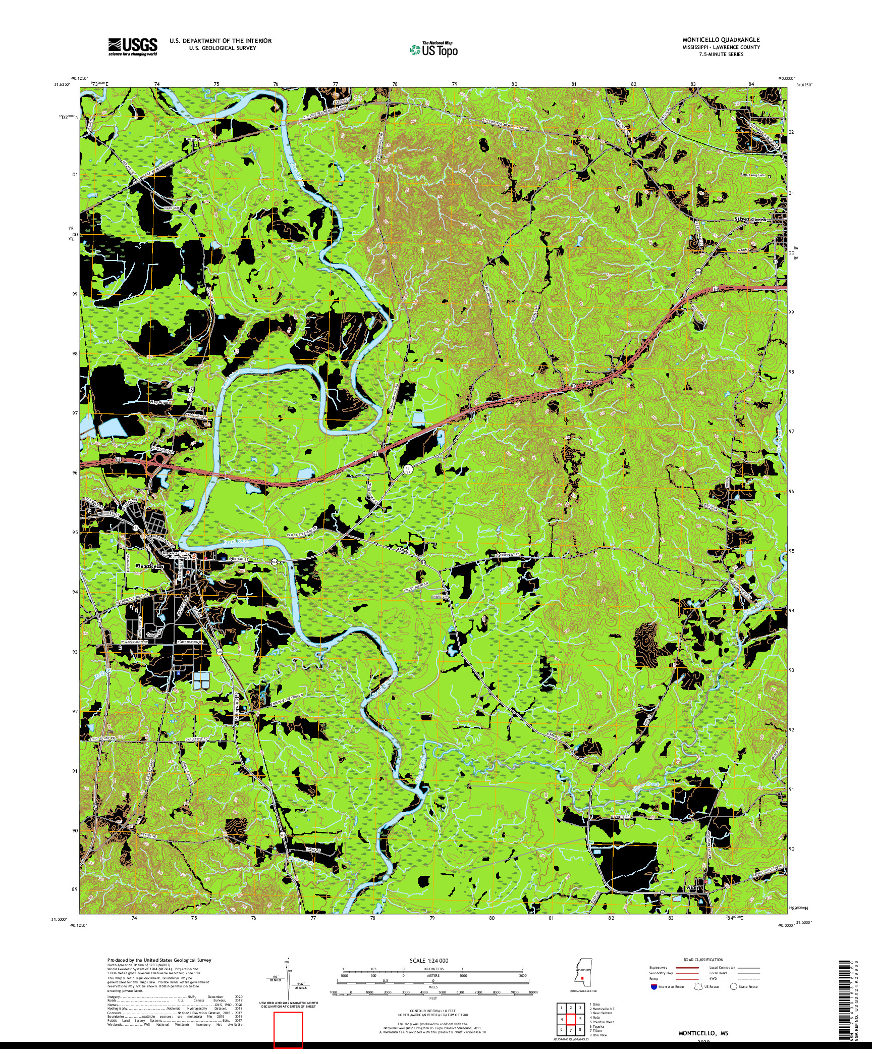 USGS US TOPO 7.5-MINUTE MAP FOR MONTICELLO, MS 2020