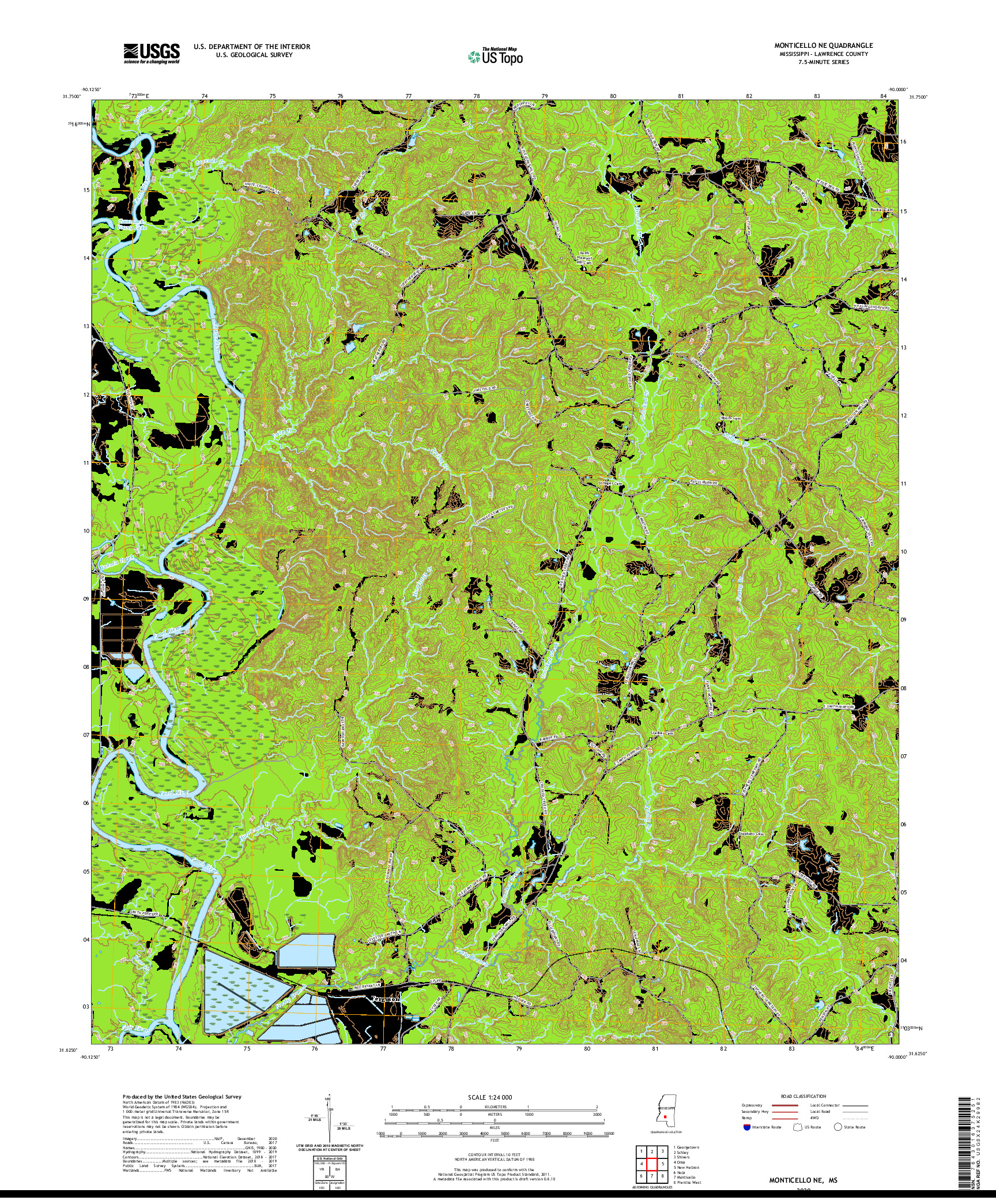 USGS US TOPO 7.5-MINUTE MAP FOR MONTICELLO NE, MS 2020
