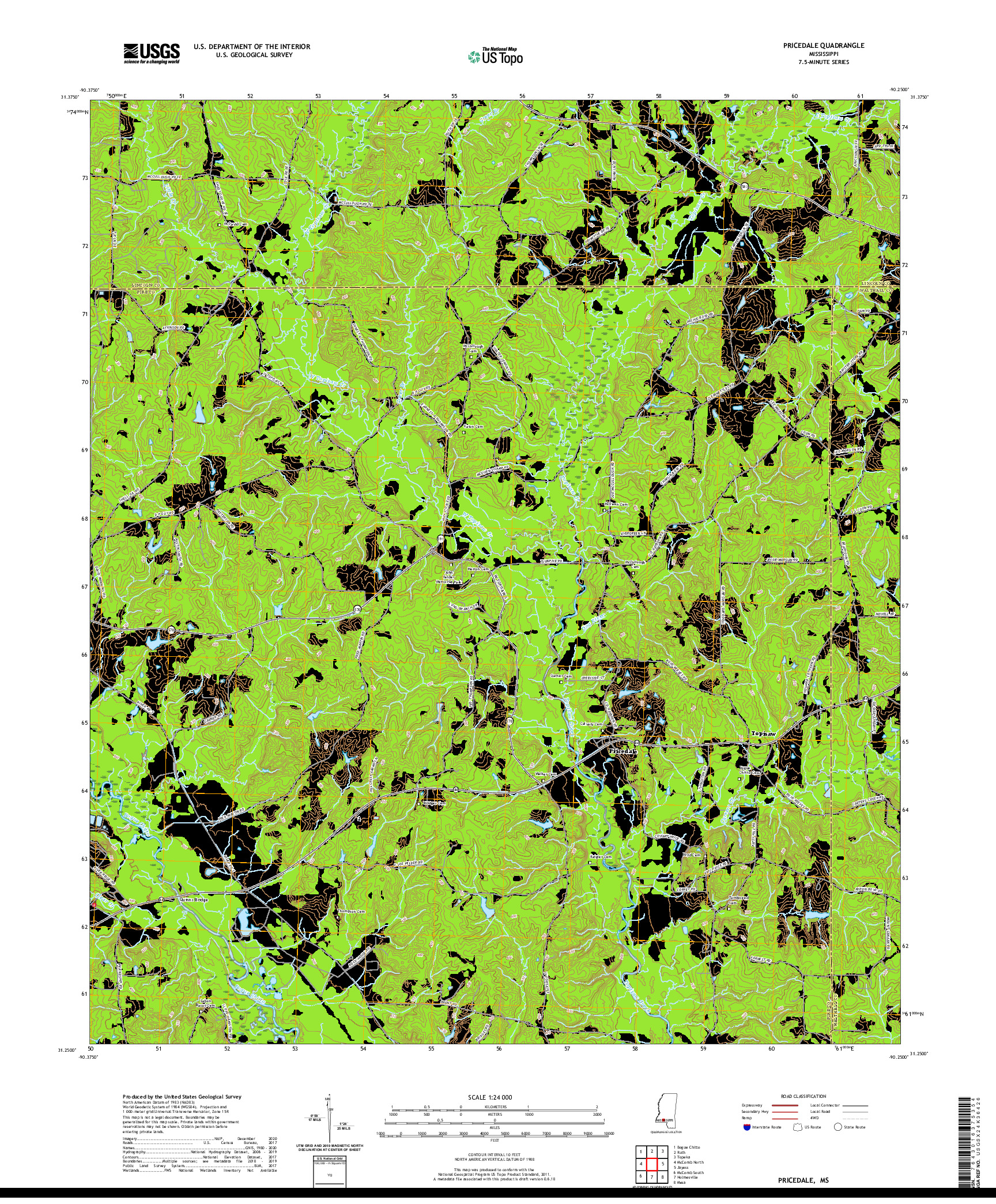 USGS US TOPO 7.5-MINUTE MAP FOR PRICEDALE, MS 2020