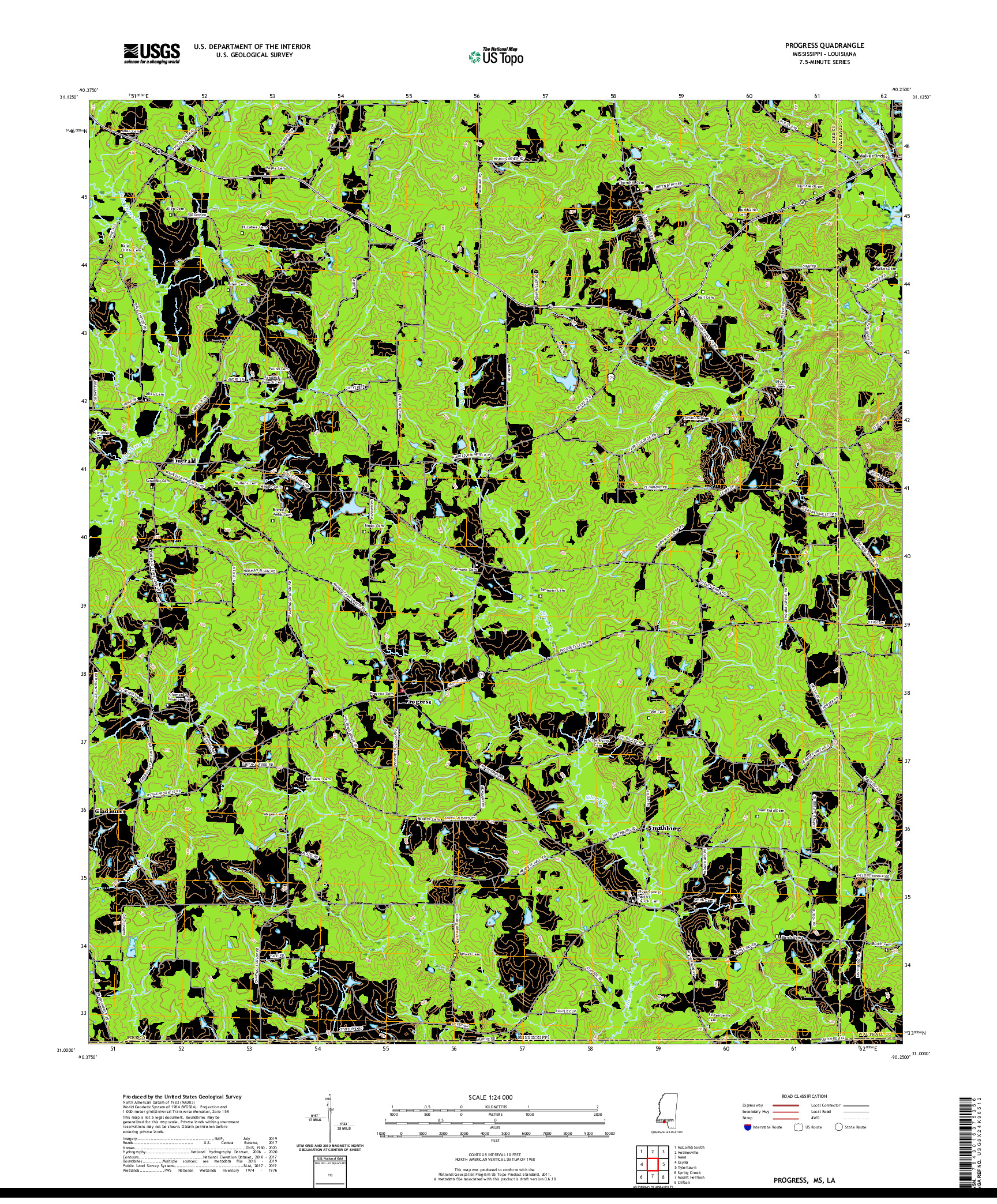 USGS US TOPO 7.5-MINUTE MAP FOR PROGRESS, MS,LA 2020