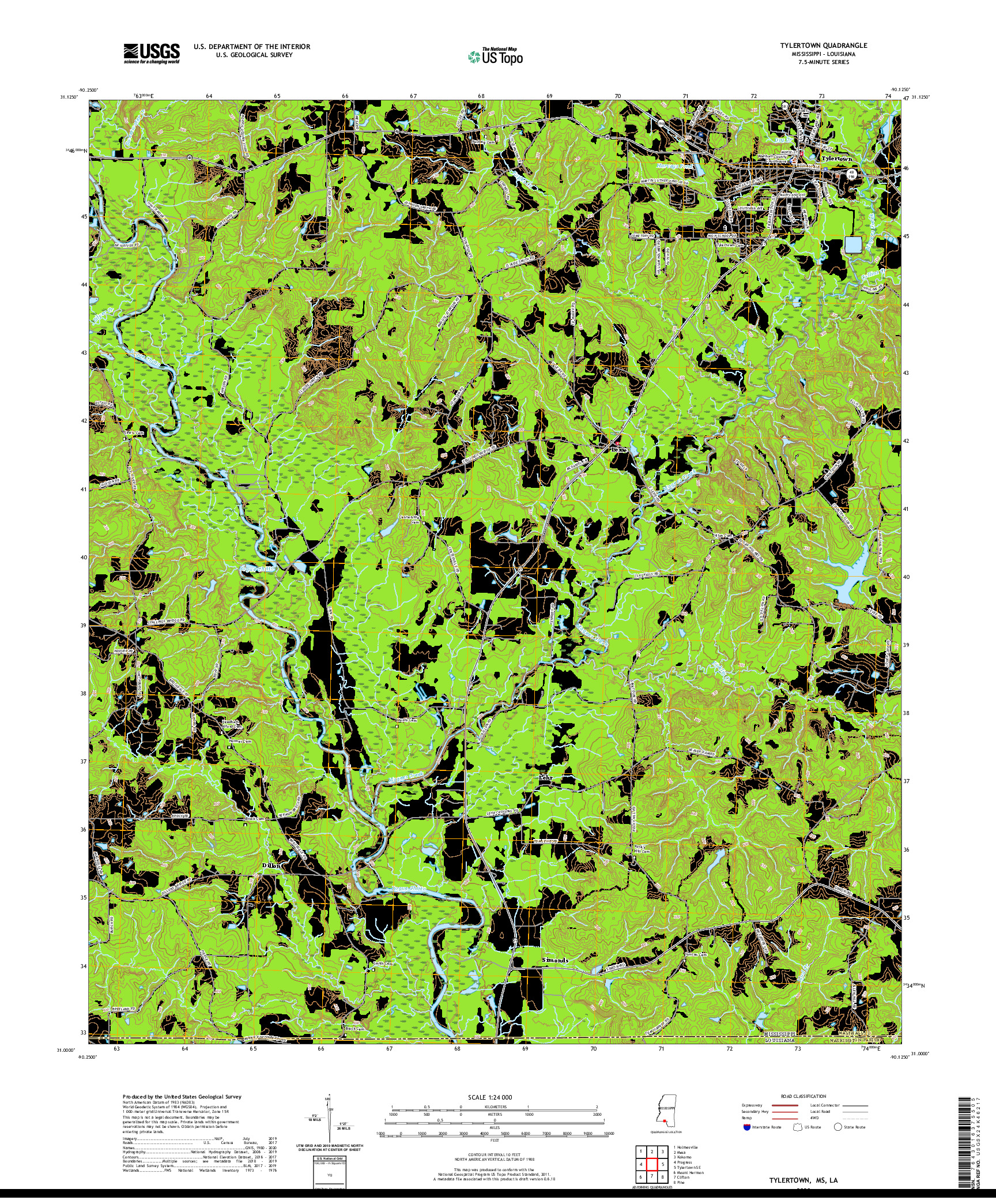 USGS US TOPO 7.5-MINUTE MAP FOR TYLERTOWN, MS,LA 2020