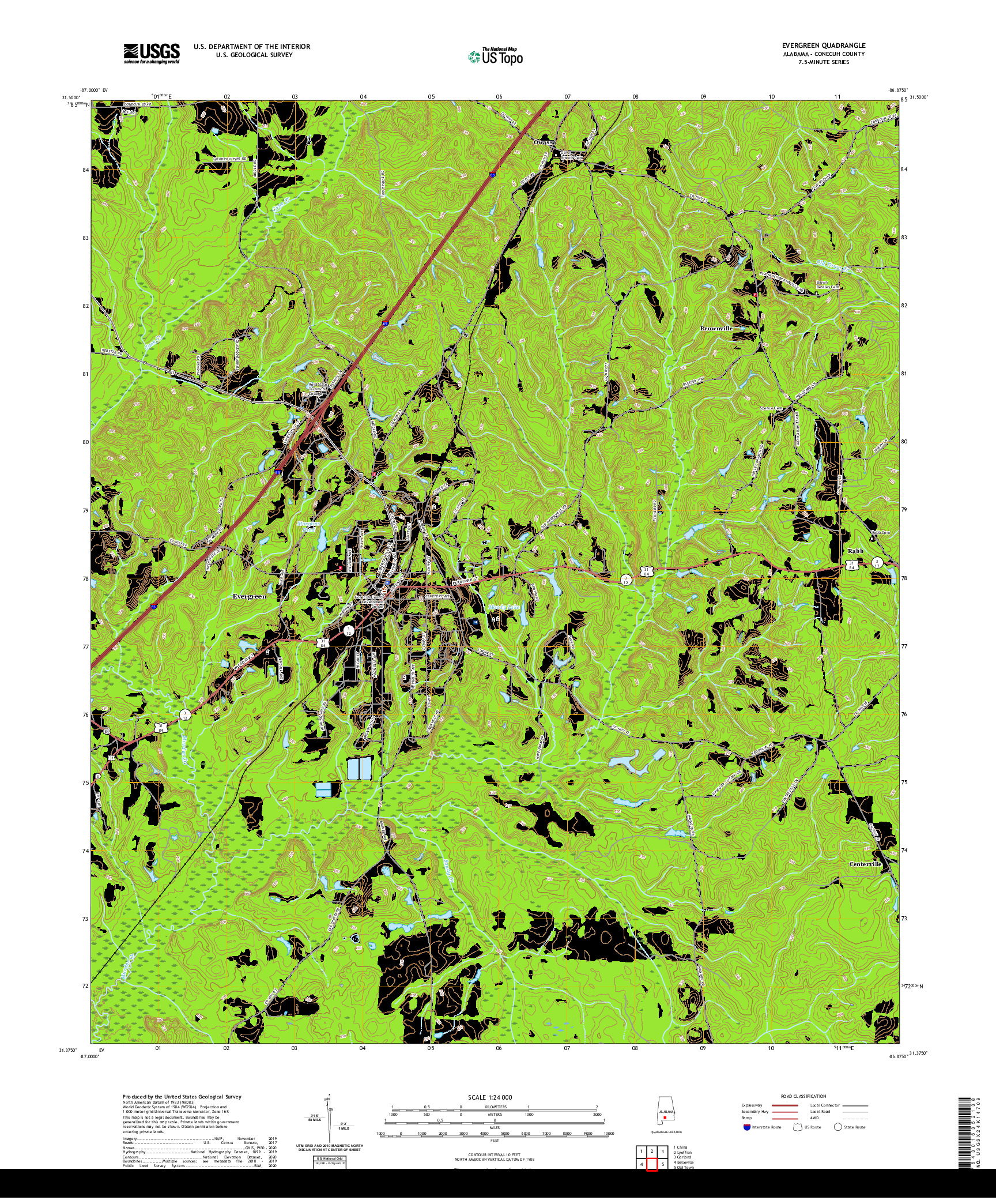 USGS US TOPO 7.5-MINUTE MAP FOR EVERGREEN, AL 2020