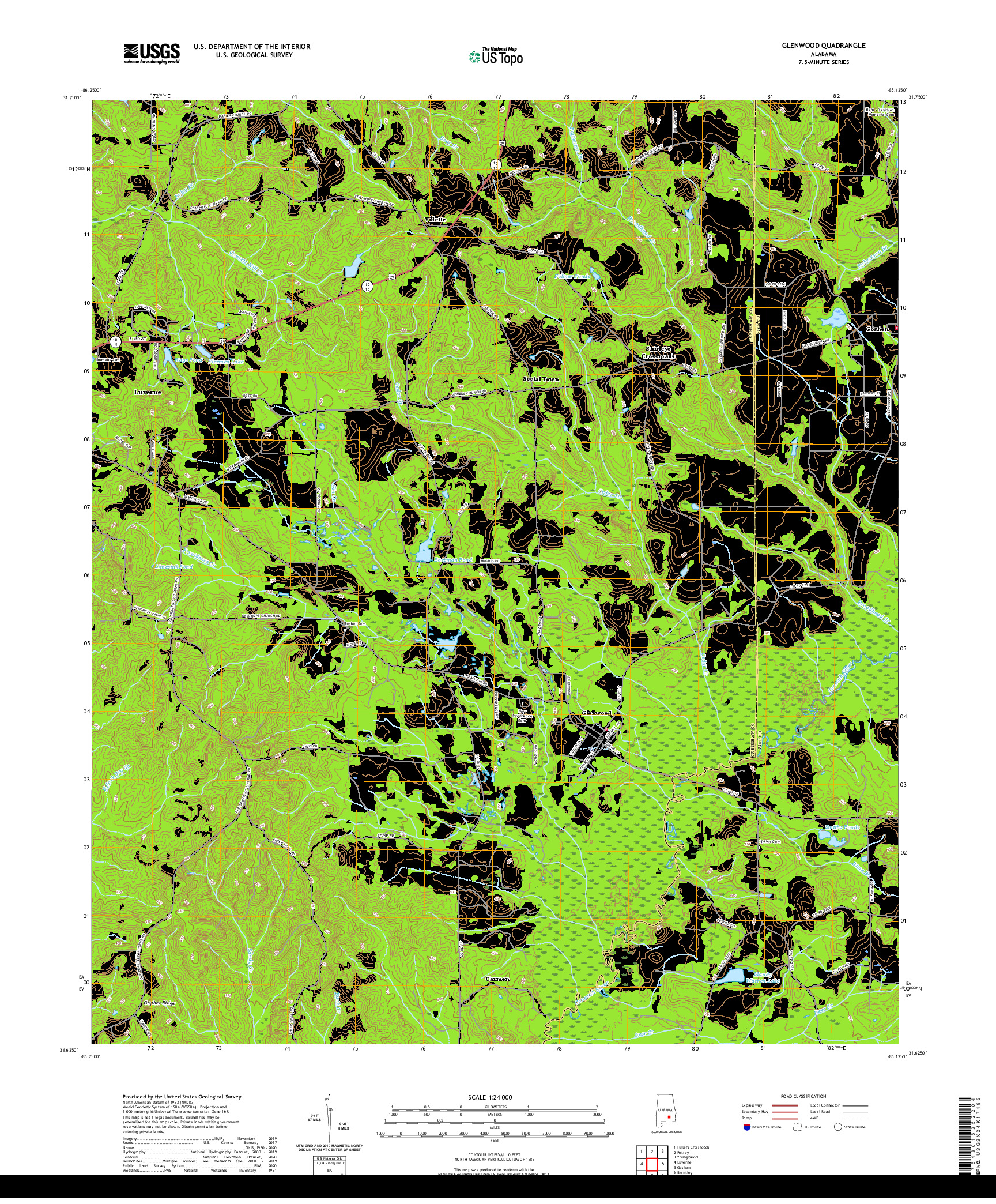 USGS US TOPO 7.5-MINUTE MAP FOR GLENWOOD, AL 2020