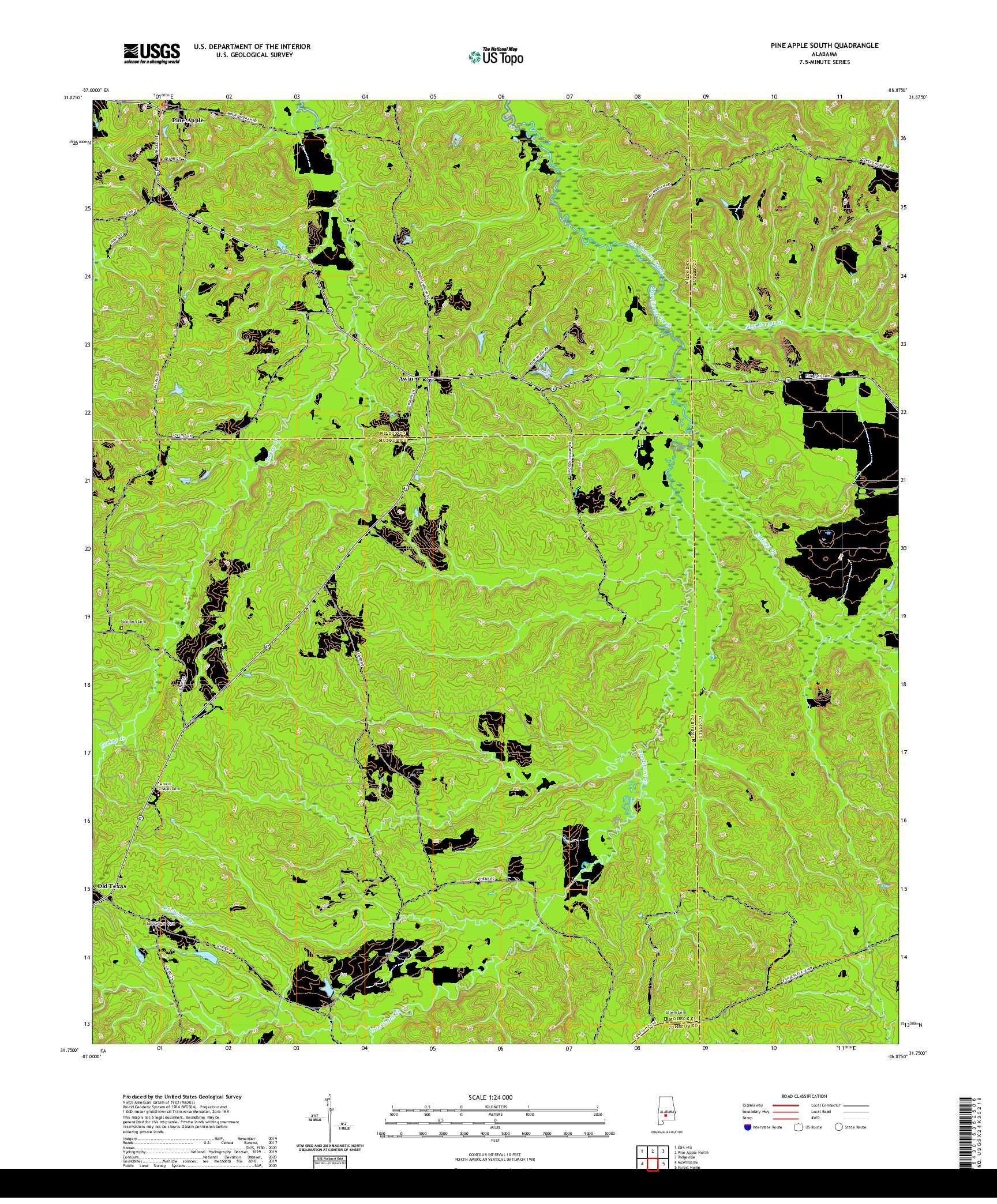 USGS US TOPO 7.5-MINUTE MAP FOR PINE APPLE SOUTH, AL 2020