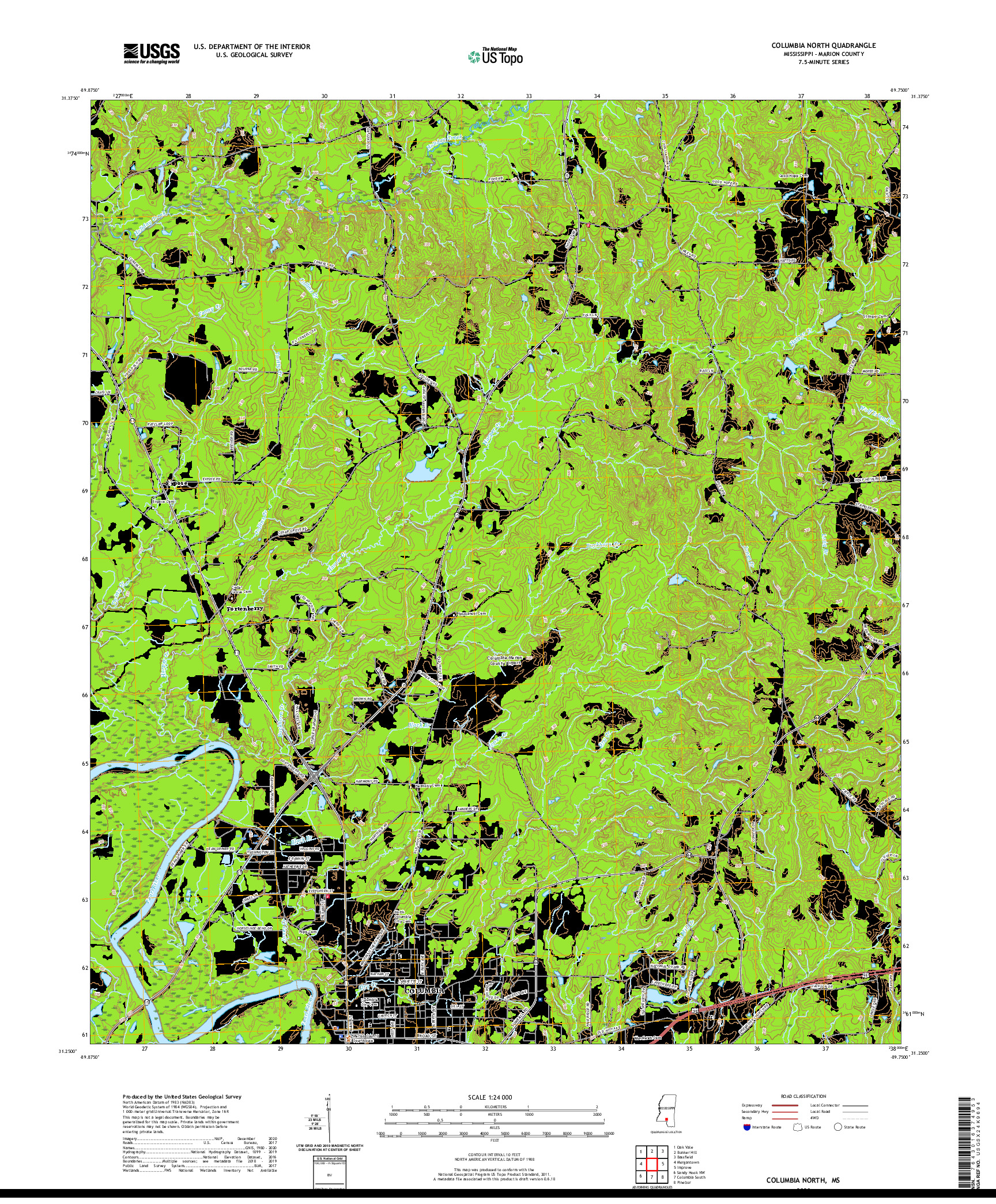 USGS US TOPO 7.5-MINUTE MAP FOR COLUMBIA NORTH, MS 2020