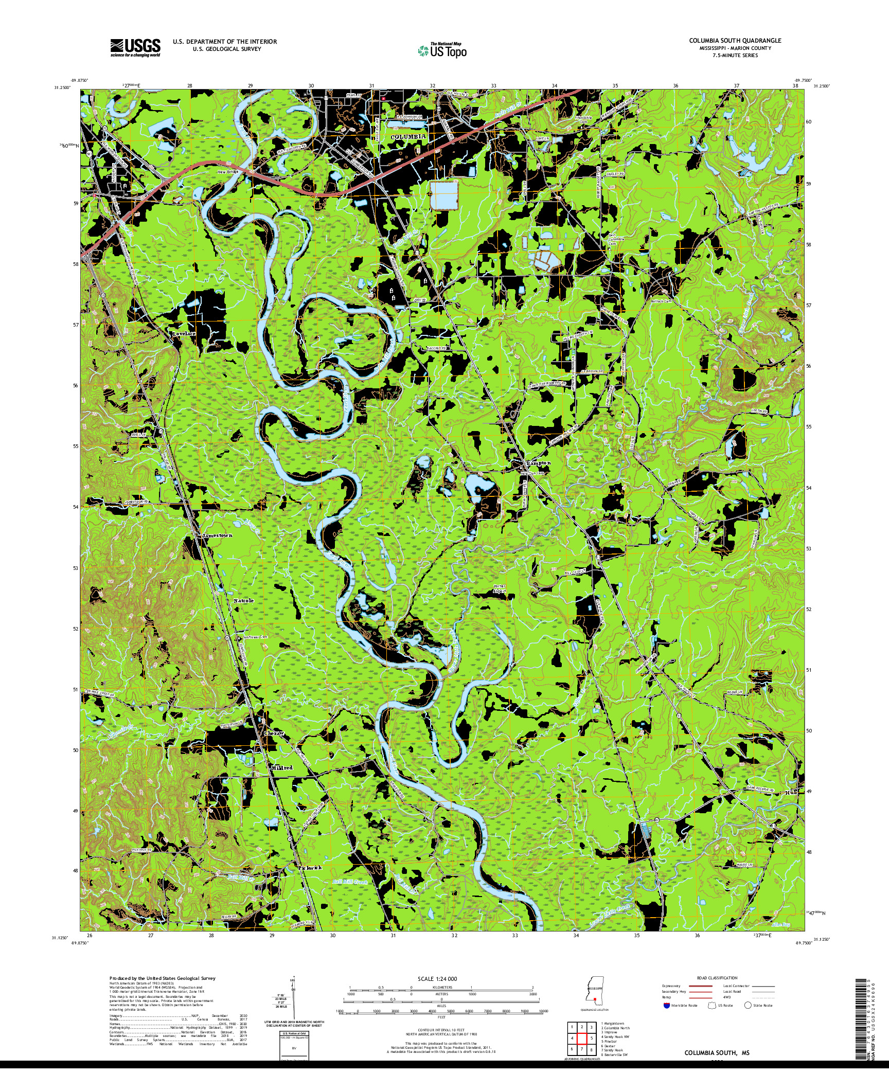 USGS US TOPO 7.5-MINUTE MAP FOR COLUMBIA SOUTH, MS 2020