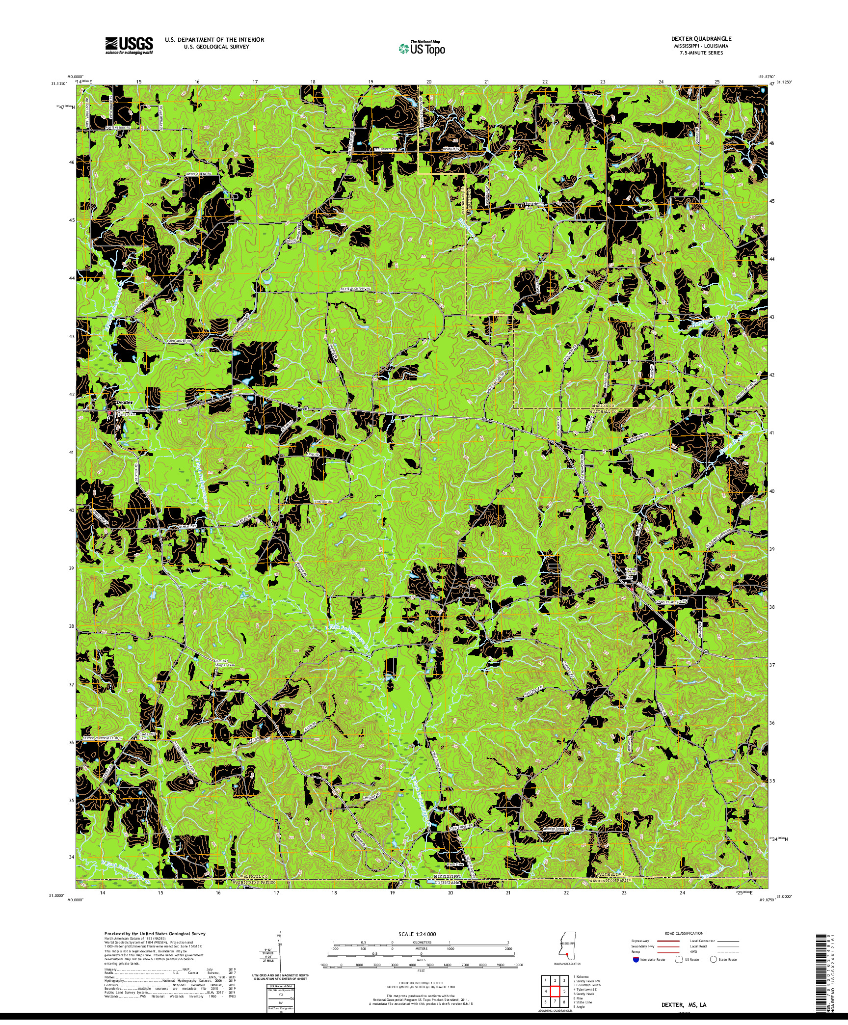 USGS US TOPO 7.5-MINUTE MAP FOR DEXTER, MS,LA 2020