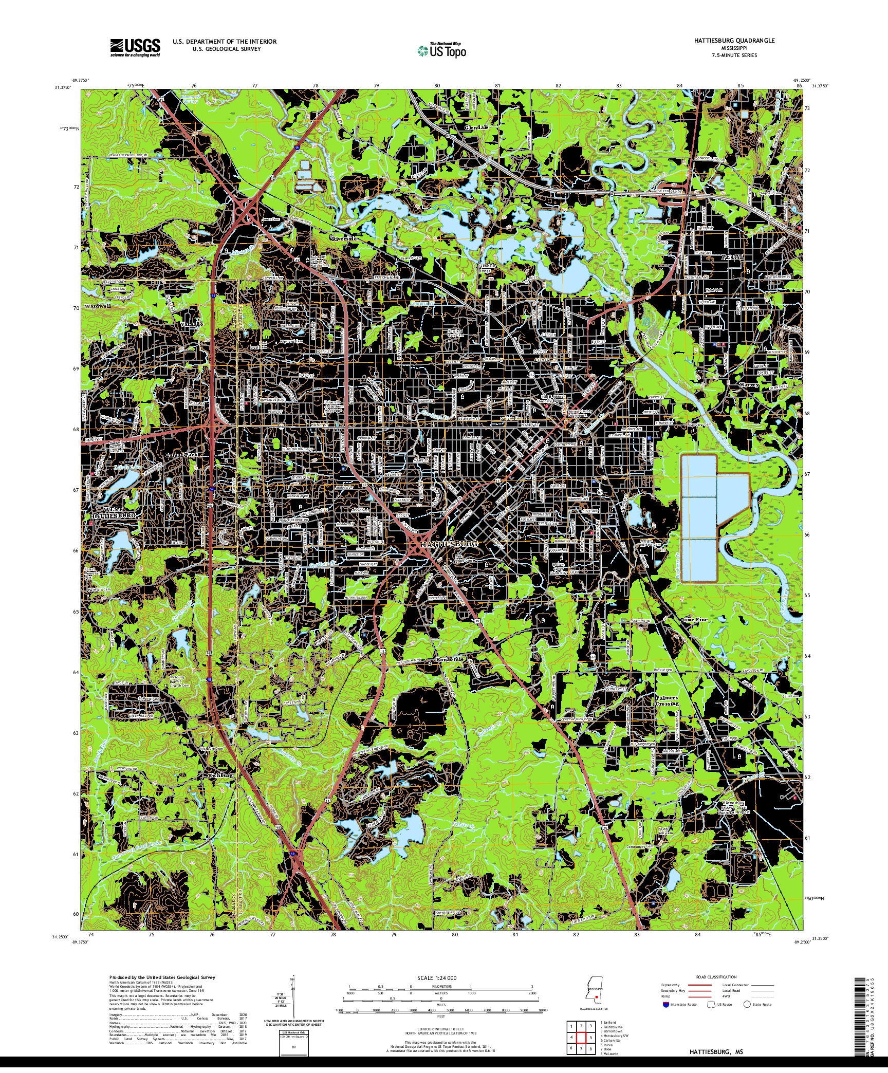USGS US TOPO 7.5-MINUTE MAP FOR HATTIESBURG, MS 2020