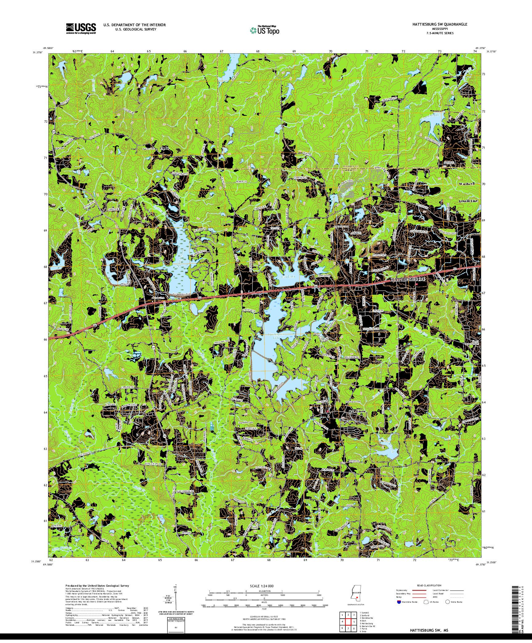 USGS US TOPO 7.5-MINUTE MAP FOR HATTIESBURG SW, MS 2020