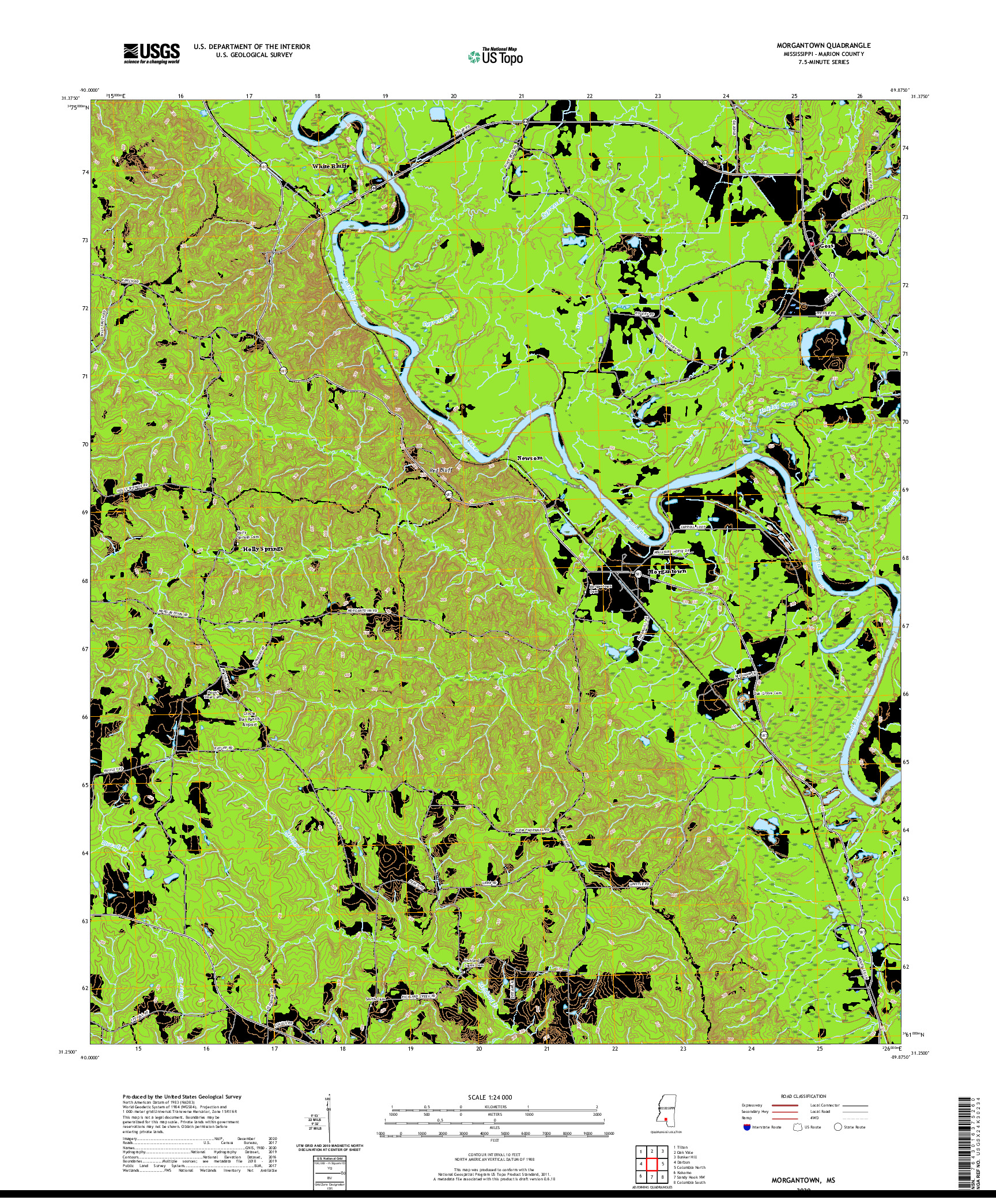 USGS US TOPO 7.5-MINUTE MAP FOR MORGANTOWN, MS 2020