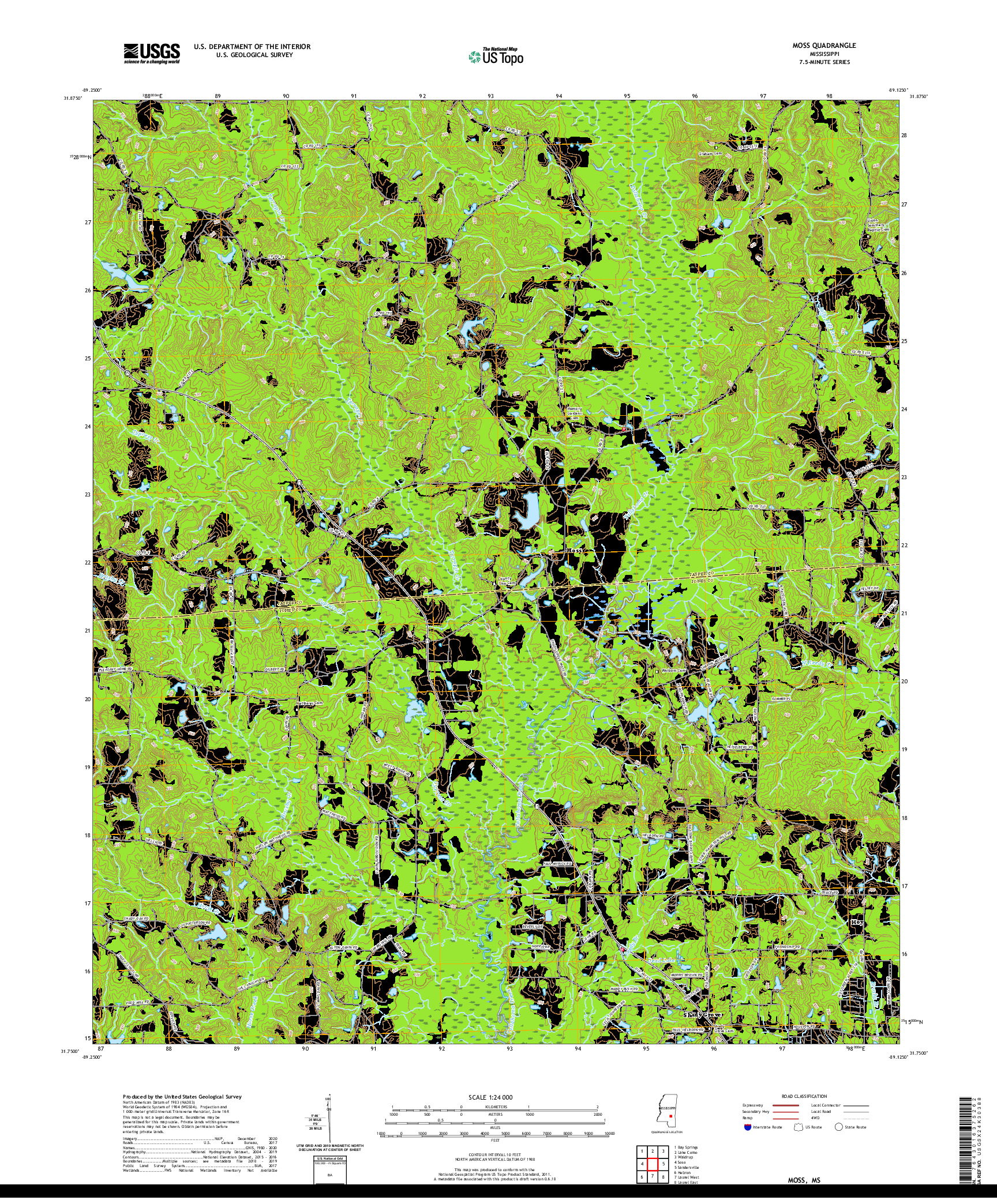 USGS US TOPO 7.5-MINUTE MAP FOR MOSS, MS 2020